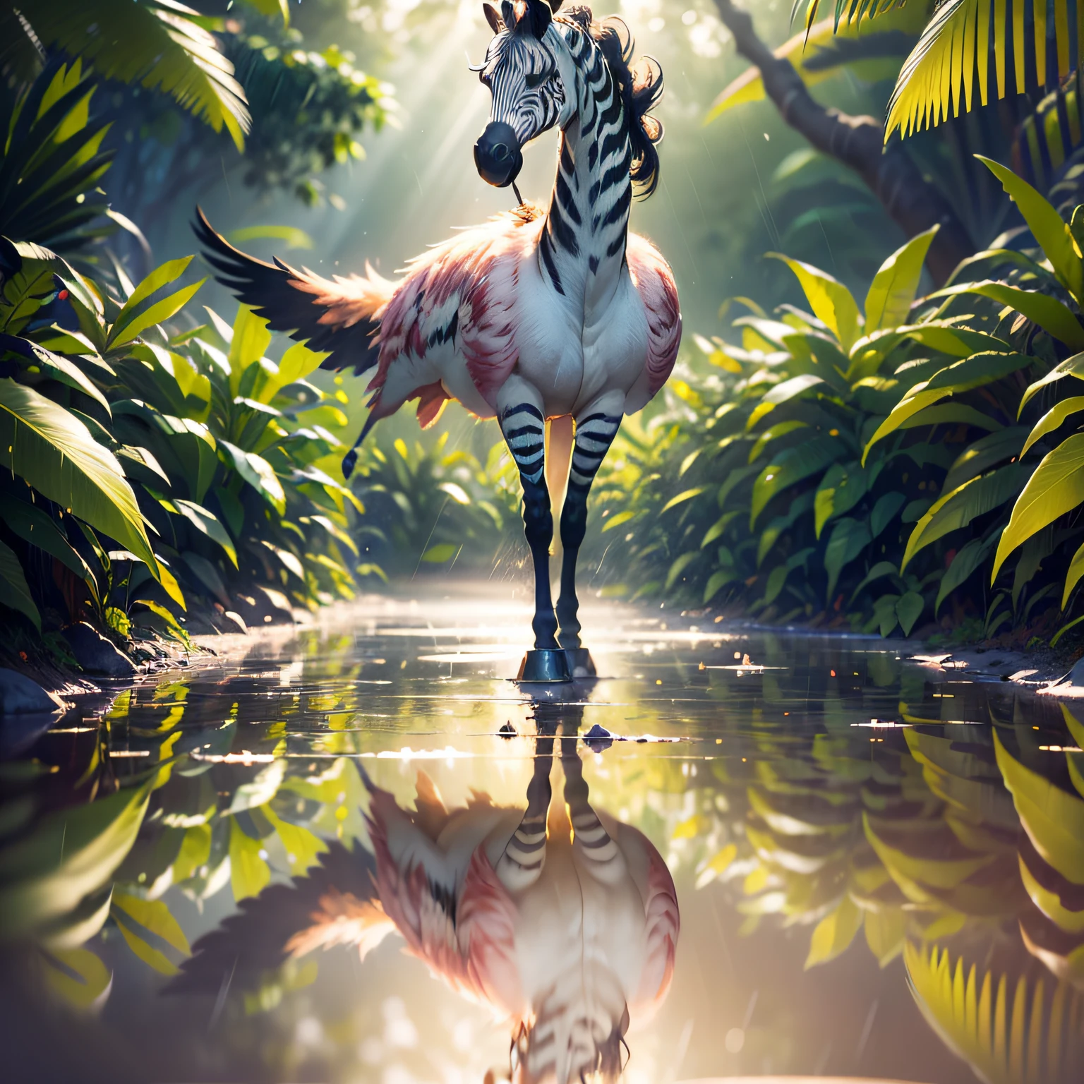 ((best quality)),((masterpiece)), hyper realistic illustration, (((ultra detailed)),, Scene structure: Enchanted forest: Winged zebras and flamingos dancing Hawaiian. Dense tropical forest. Wet rain. Beautiful sunset falling, movie light, cinematic, intricate details. Foliage rich in detail by Pixar, Walt Disney,, award-winning work, chromatic, 8K, motion blur, cinematic lighting, depth of field, reflection light, god rays, glowing light, blending, drop shadow, masterpiece