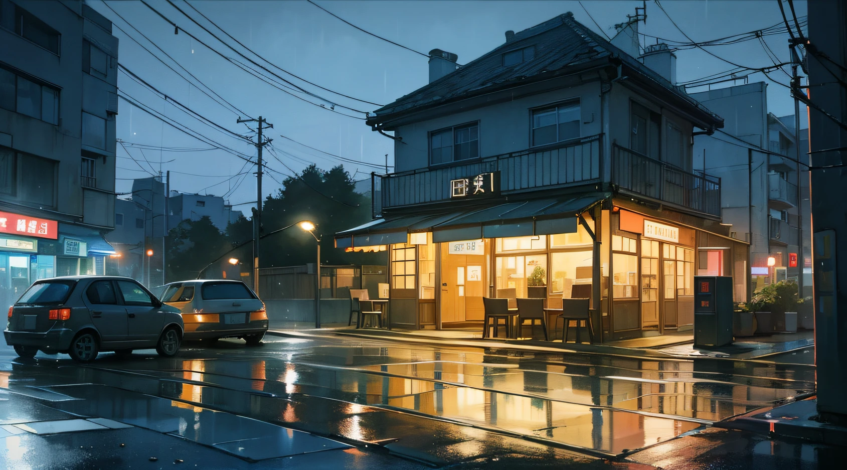 At night, a café with a small light, lo-fi hiphop, the scenery outside the window is a residential area, silence, light rain --auto --s2