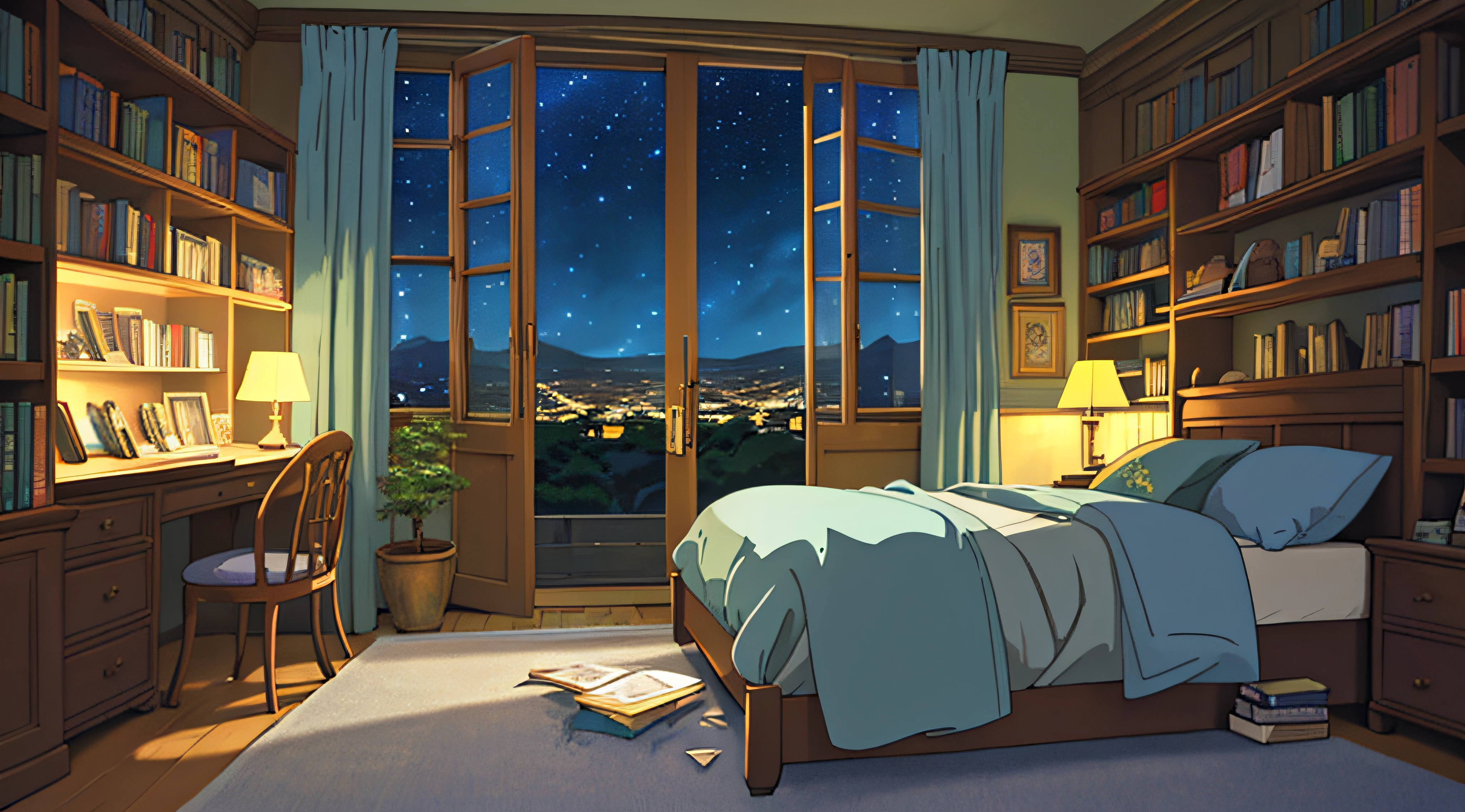 Messy room, bed in the center of the room, books in bookcase, comfort, night view, starry sky, moonlight, large windows, cozy landscape anime style, anime, Ghibli colors, HD, high quality, high detail, super detail, masterpiece