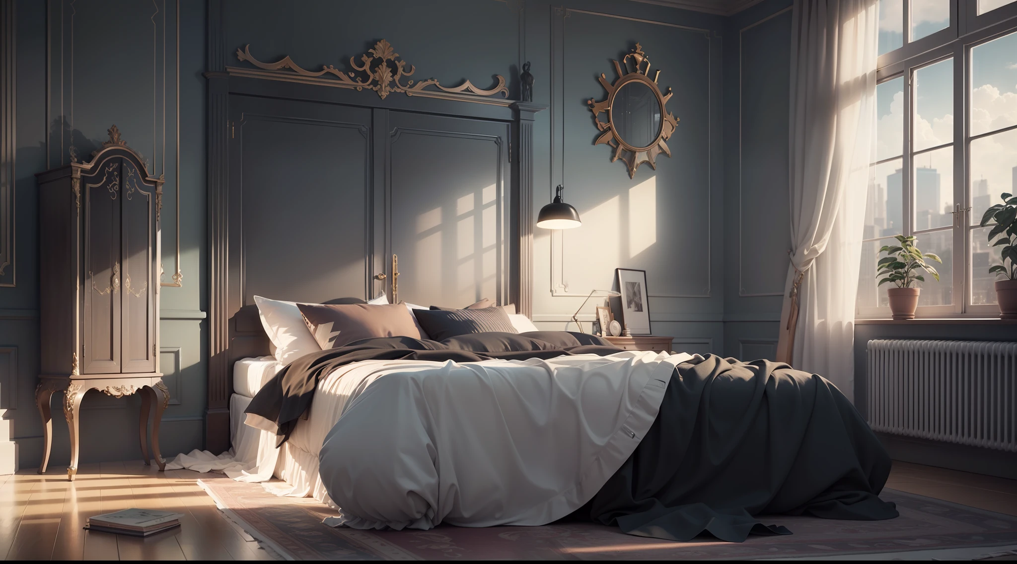(extremely detailed CG unity 8k wallpaper, masterpiece, best quality, ultra-detailed), minimalistic decoration style, high resolution, bedroom, (decorative drawings, reference drawings), clean and elegant ambiance, low light