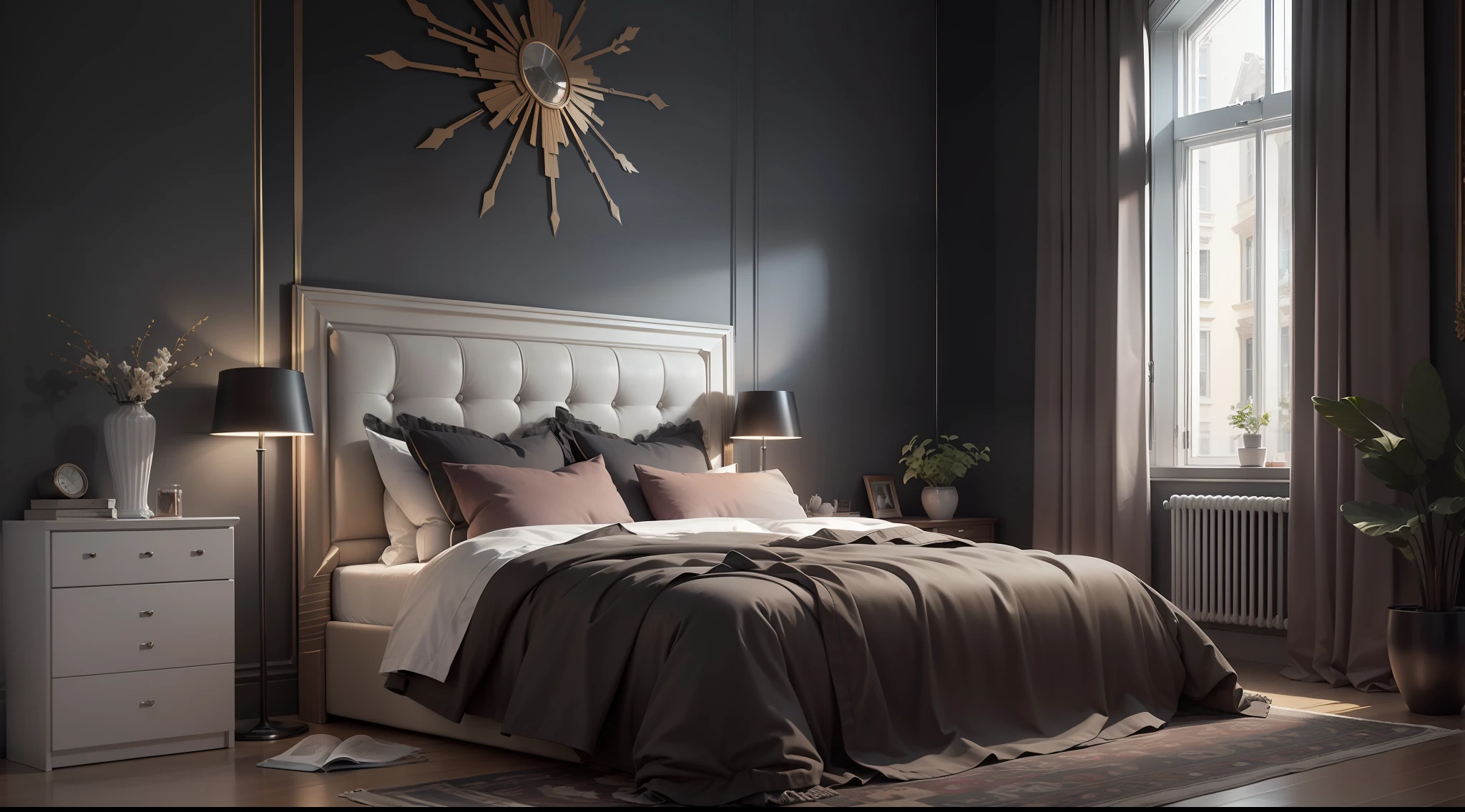 (extremely detailed CG unity 8k wallpaper, masterpiece, best quality, ultra-detailed), minimalistic decoration style, high resolution, bedroom, (decorative drawings, reference drawings), clean and elegant ambiance, low light