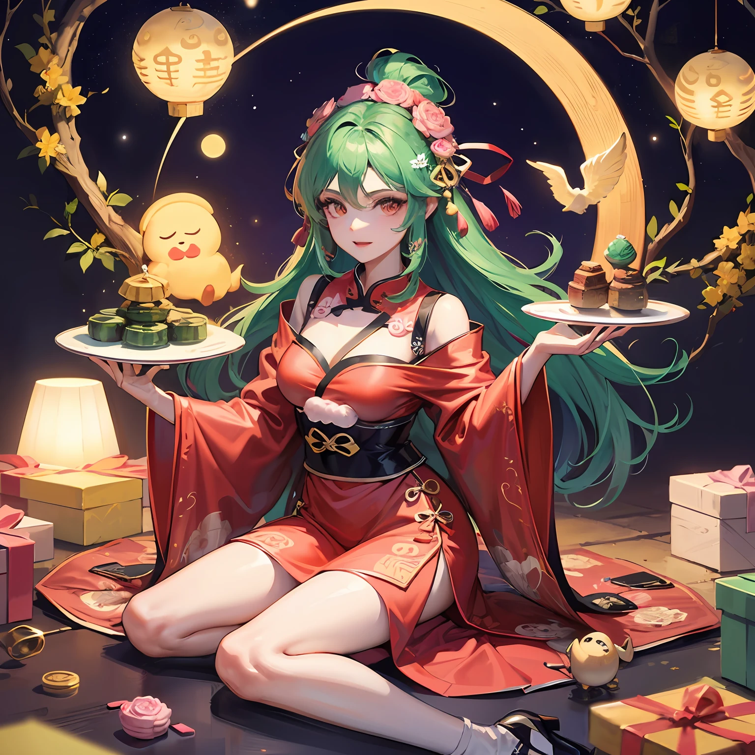 Jade rabbit, moon icon, two-dimensional style, Mid-Autumn Festival, mooncake, gift ribbon, pink light bar --auto