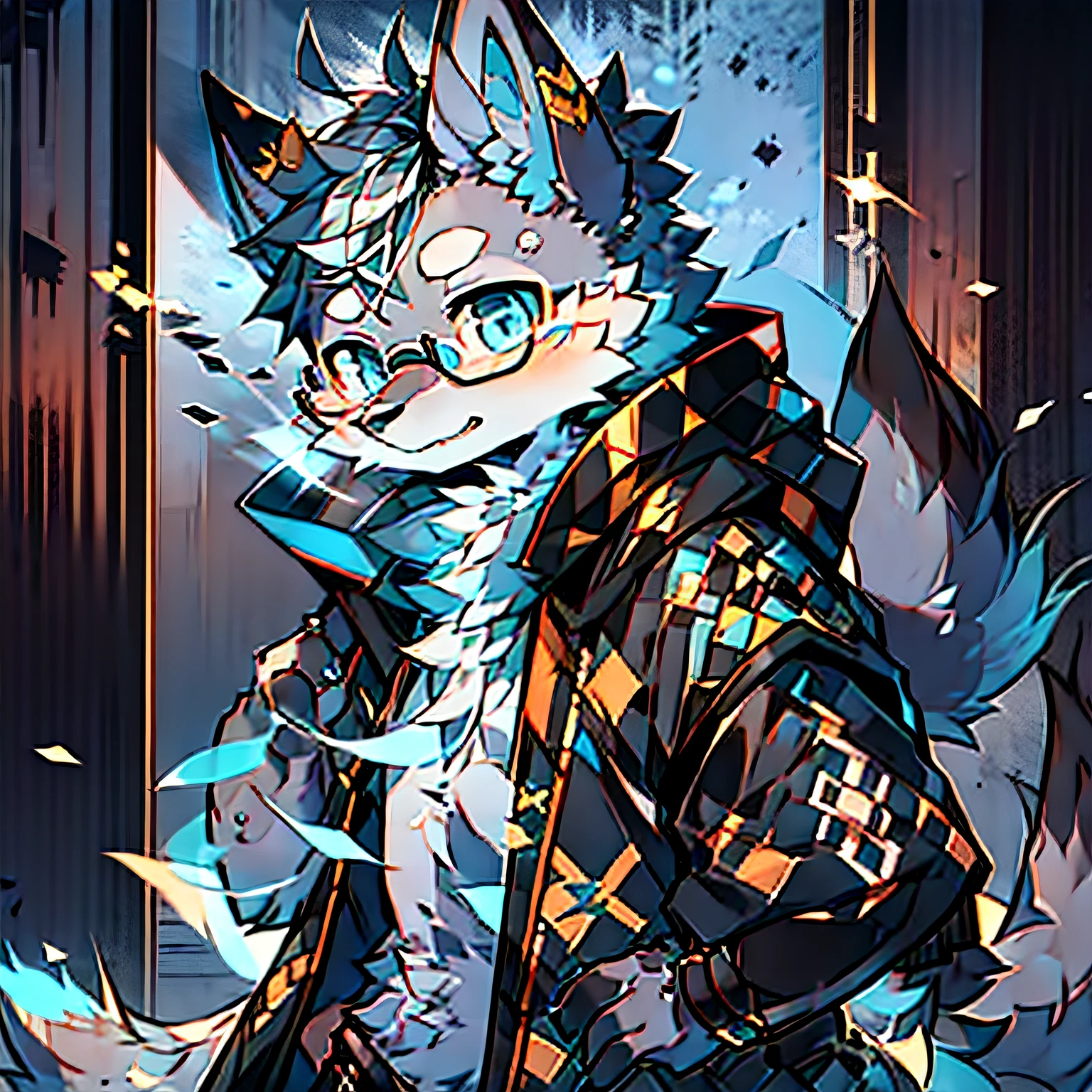 Single, furry male, furry, wolf, gray wolf, canine, dull gray fur, blue eyes, wearing glasses, runes, hood, mage, magic, black coat, short hair