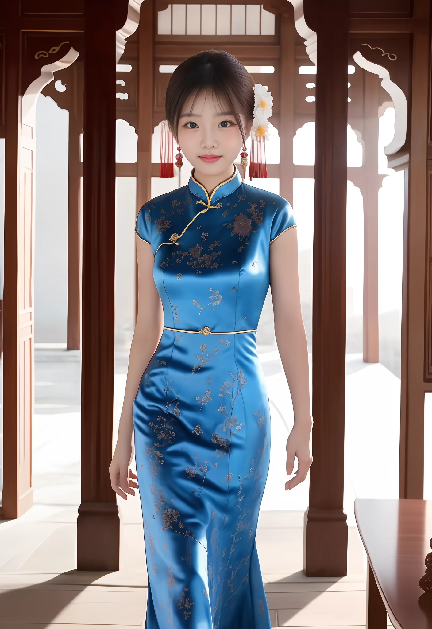 Best image quality, film graininess, high resolution, photography technique, antique cheongsam girl, (skin graininess: 1.6), Chinese facial skin. Fair and delicate skin, extraordinary temperament, bowed head smile, jewelry set off beautiful face. The view of the ancient and magnificent palace as the background, exudes a mysterious charm, the natural sunlight under the warm and natural colors, the photographic effect is real and natural.