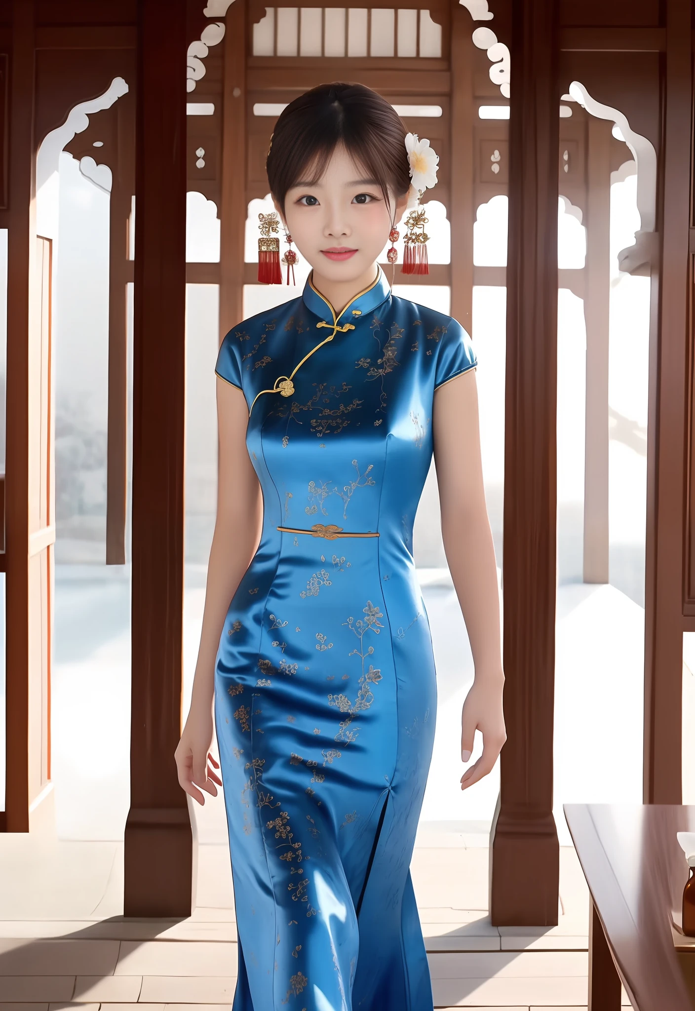 Best image quality, film graininess, high resolution, photography technique, antique cheongsam girl, (skin graininess: 1.6), Chinese facial skin. Fair and delicate skin, extraordinary temperament, bowed head smile, jewelry set off beautiful face. The view of the ancient and magnificent palace as the background, exudes a mysterious charm, the natural sunlight under the warm and natural colors, the photographic effect is real and natural.