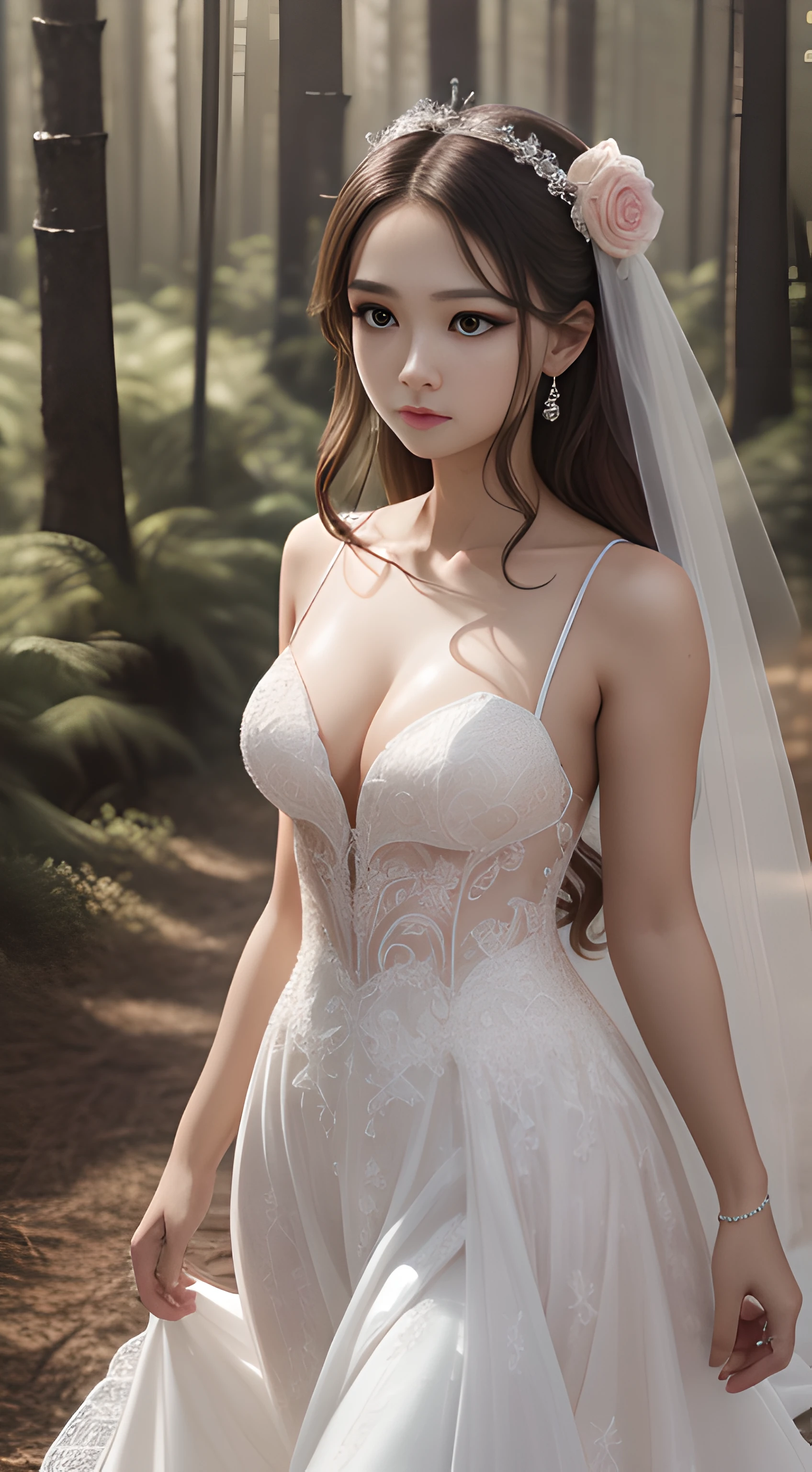 High appearance, (temperament), frown, cute face shape, (face details fine normal 1.5), (lens shooting upper body), tall and slender body, beautiful movements, high fidelity, girl walking in a wedding dress walking on the forest path, (background deep forest), smart eyes, 16k