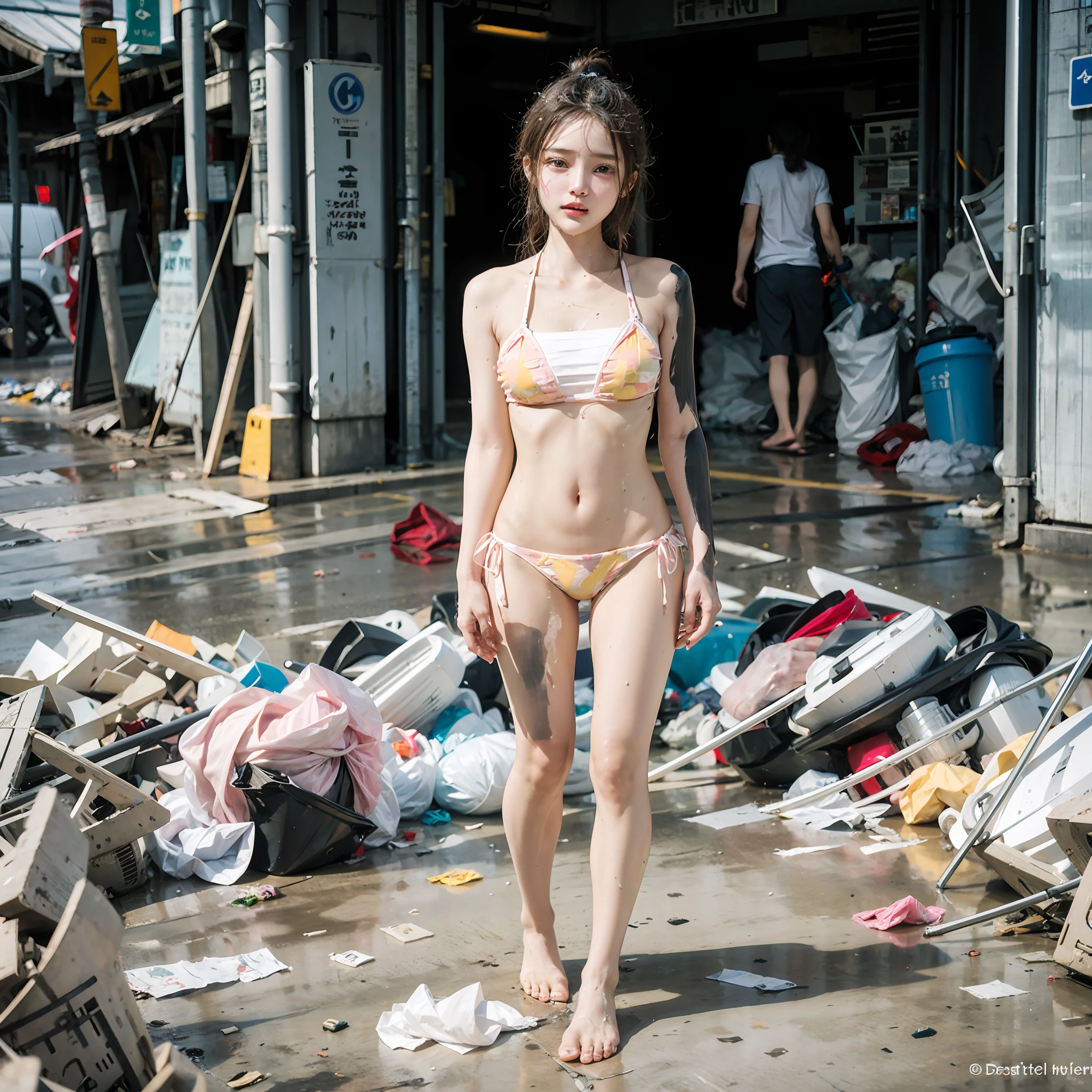 Indian Streets (1:2), Horror, Sloppy, Garbage Heap, Best Quality, Full Body Portrait (1:1), Delicate Face, 18 Year Old Girl, Slim and Slender Figure, Skinny, Smaller Bust, Pink, Broken Clear Bikini, Looming, Panties to Crotch, Barefoot, Garbage (4:1), Sweat (5:1), White Viscous Liquid (2:1)