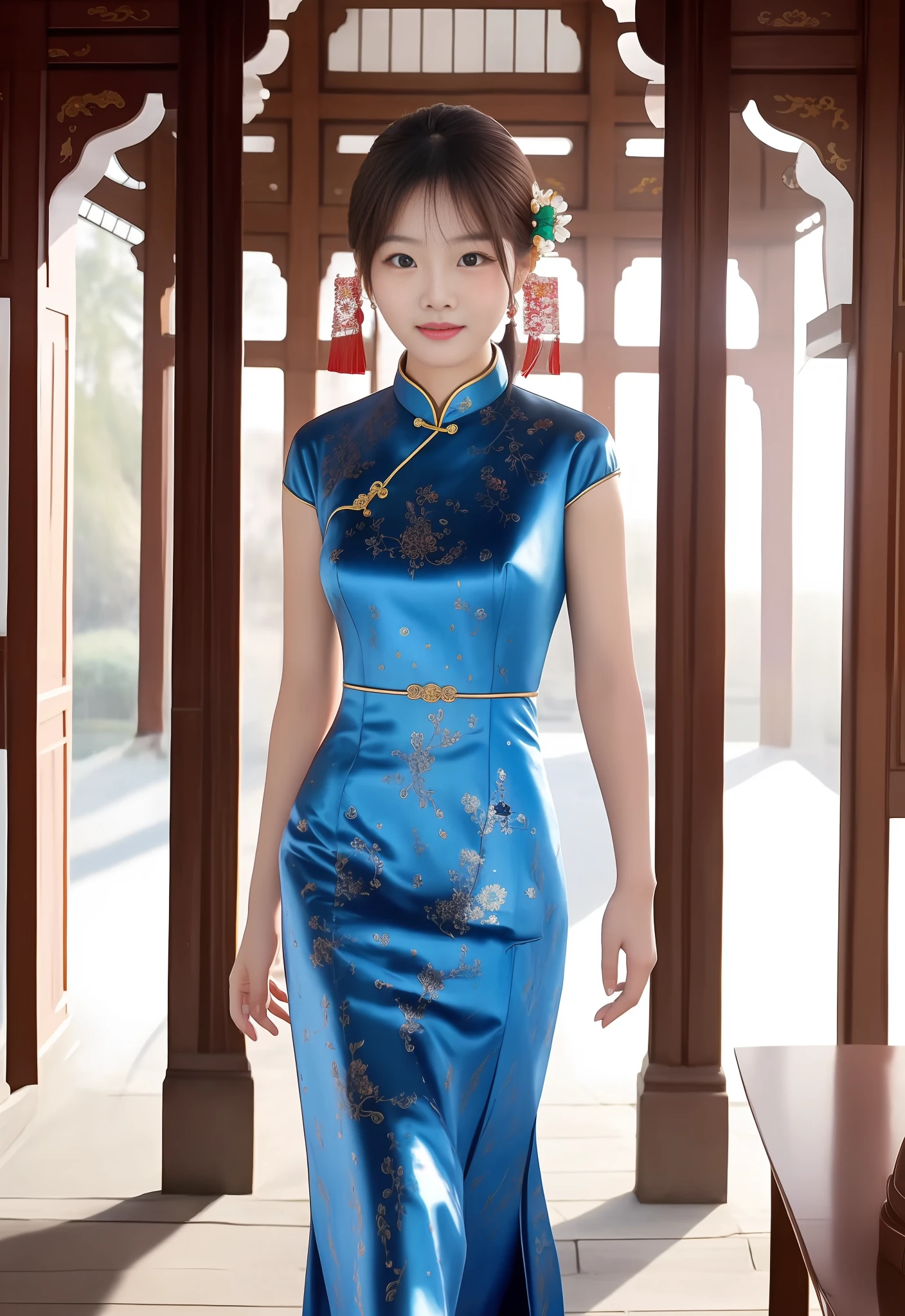 Best image quality, film graininess, high resolution, photography technique, antique cheongsam girl, (skin graininess: 1.6), Chinese facial skin. Fair and delicate skin, extraordinary temperament, bowed head smile, jewelry set off beautiful face. The view of the ancient and magnificent palace as the background, exudes a mysterious charm, the natural sunlight under the warm and natural colors, the photographic effect is real and natural.