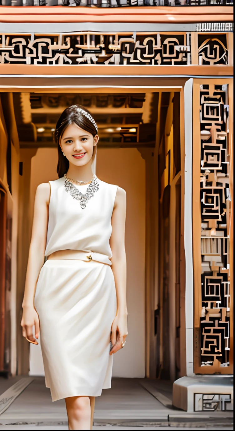 Best quality, masterpiece, high resolution, photo, 1 slim girl in plain porcelain skirt, fair skin, temperamental, bright, full body photo, standing under an ancient palace, hair accessories, necklace, jewelry, beautiful face, Tyndall effect, realistic, SLR, soft light, real person, photography, head down and smile, full of mystery, natural daylight, warm and natural colors, real and natural photographic effects.