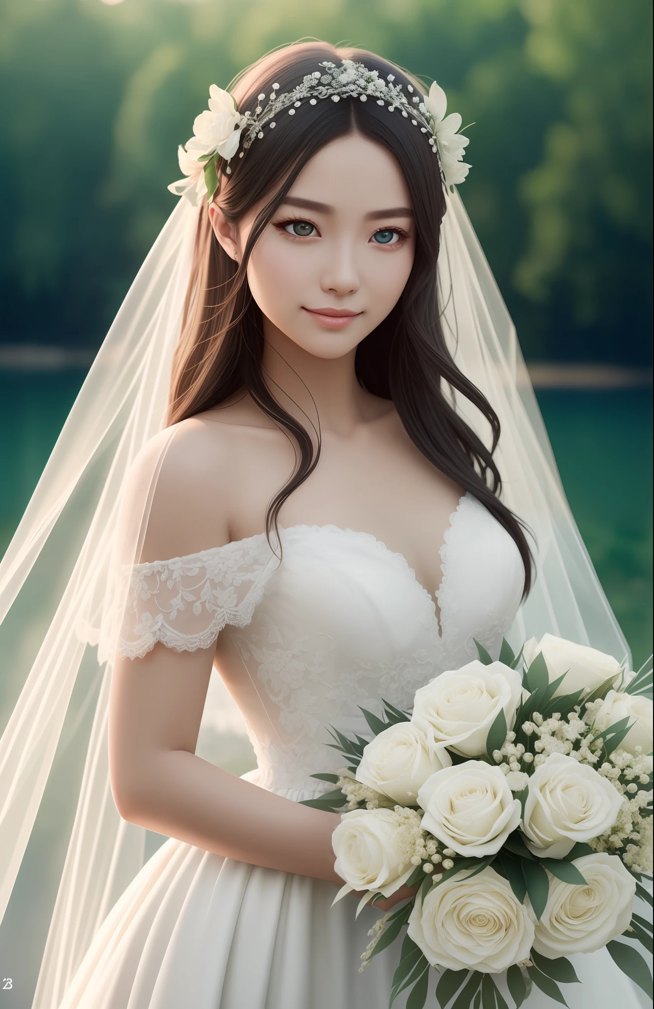 Masterpiece, highest quality, solo focus, complex
(High detail: 1.1) (Perfect face: 1.1) white wedding dress, pretty Japan woman, smiling, lace, veil, fantasy, white flowers on head, mysterious lake,
Viking origin, shining eyes, full body, Lee Jeff
Leeds Nikon D850 Film Stock Photo 4 |
Kodak Portra 400 Camera F1.6 Lens
Rich colors Ultra realistic
Realistic textures Dramatic lighting
Unreal Engine
Trending at Art Station CineStill
800 --auto