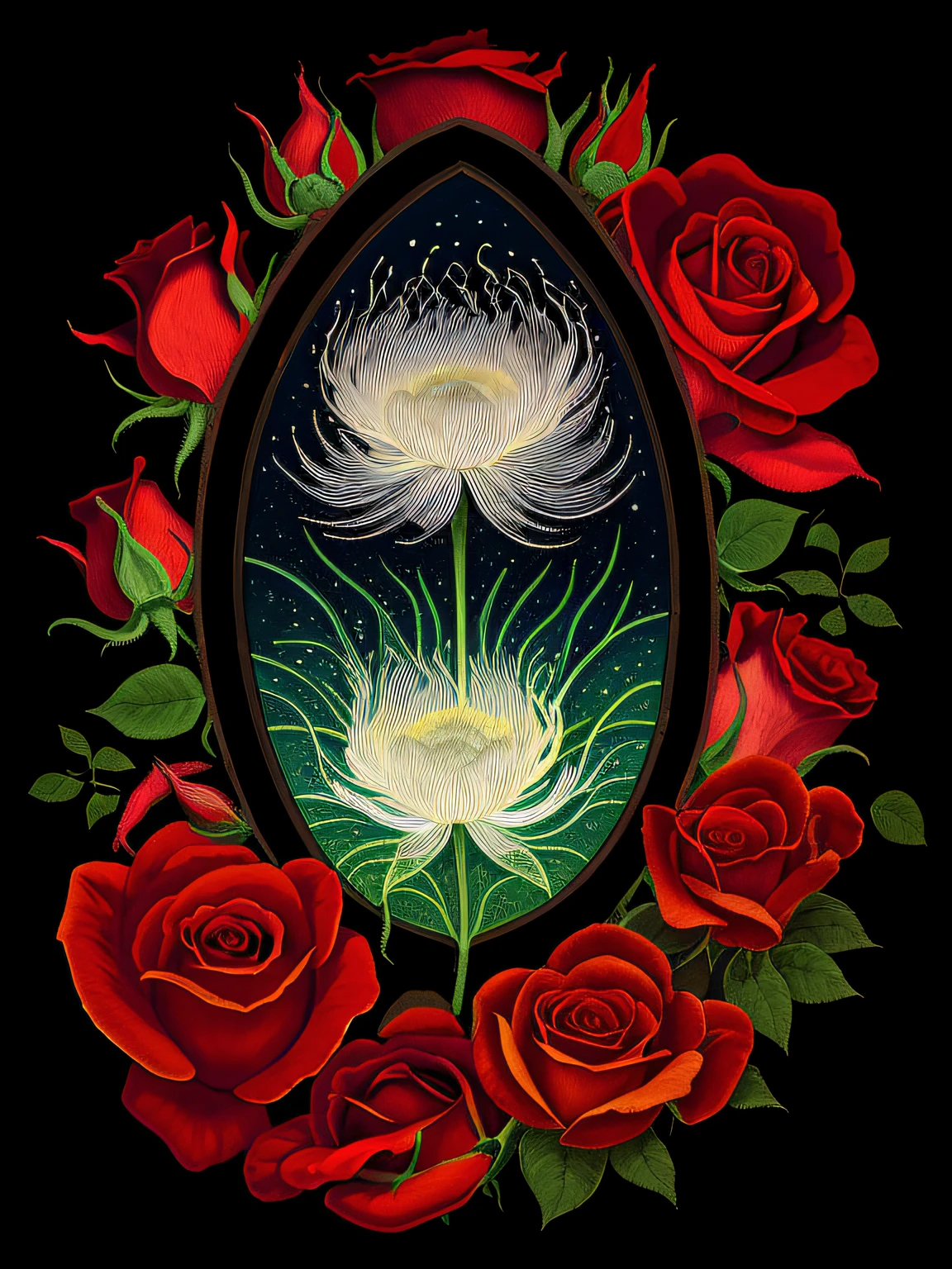 A close-up view of an illustration of a large petrified rose with intricate details surrounded by a soft glow,