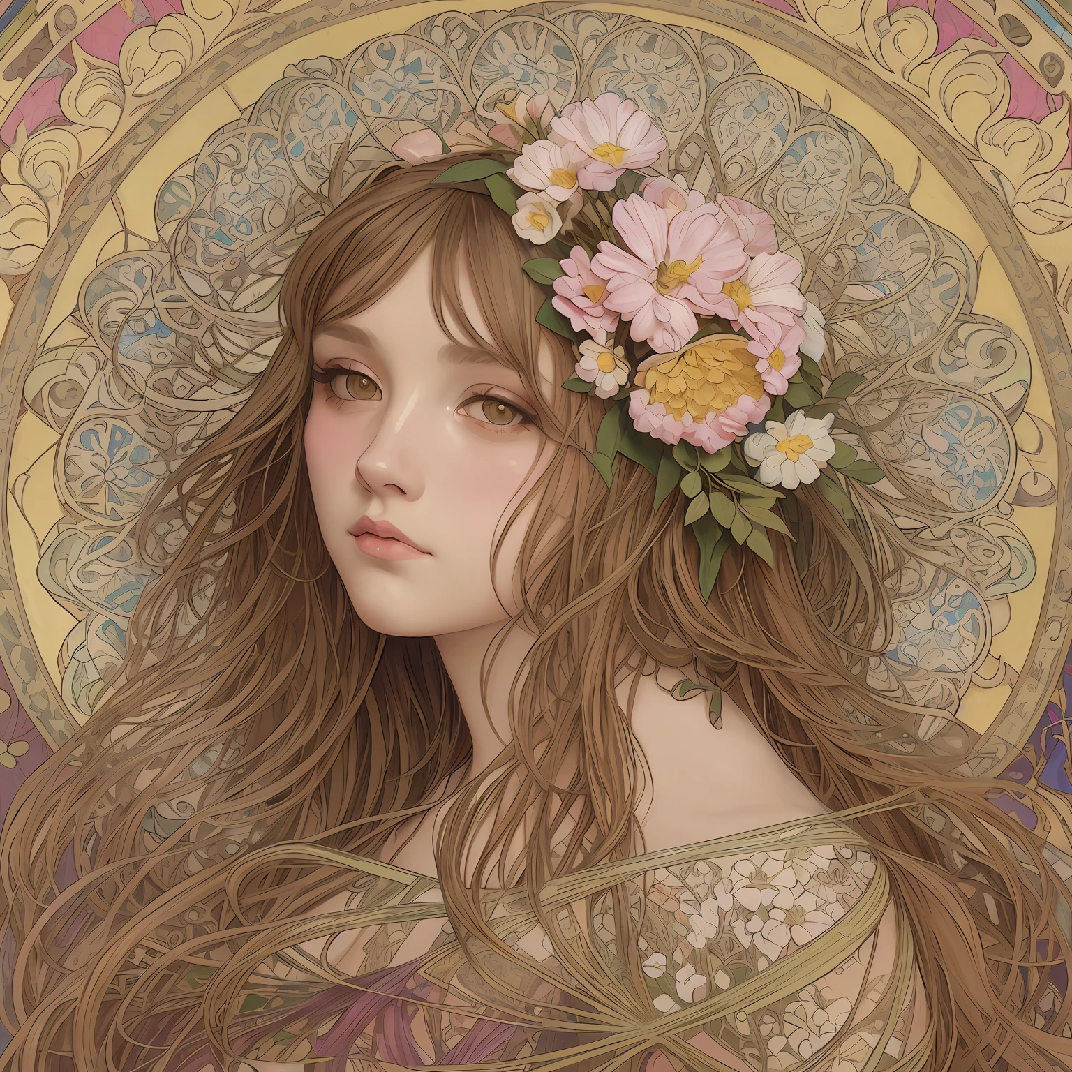Facial portrait of a woman, long curlyhair, brownhair, floral, abstract artistic, Alphonse Mucha (Masterpiece, best qality, Highres:1.4), detailded, Complex detail, salpicos de cores, arte de linha, fibonacci, rococo style, 4K --auto