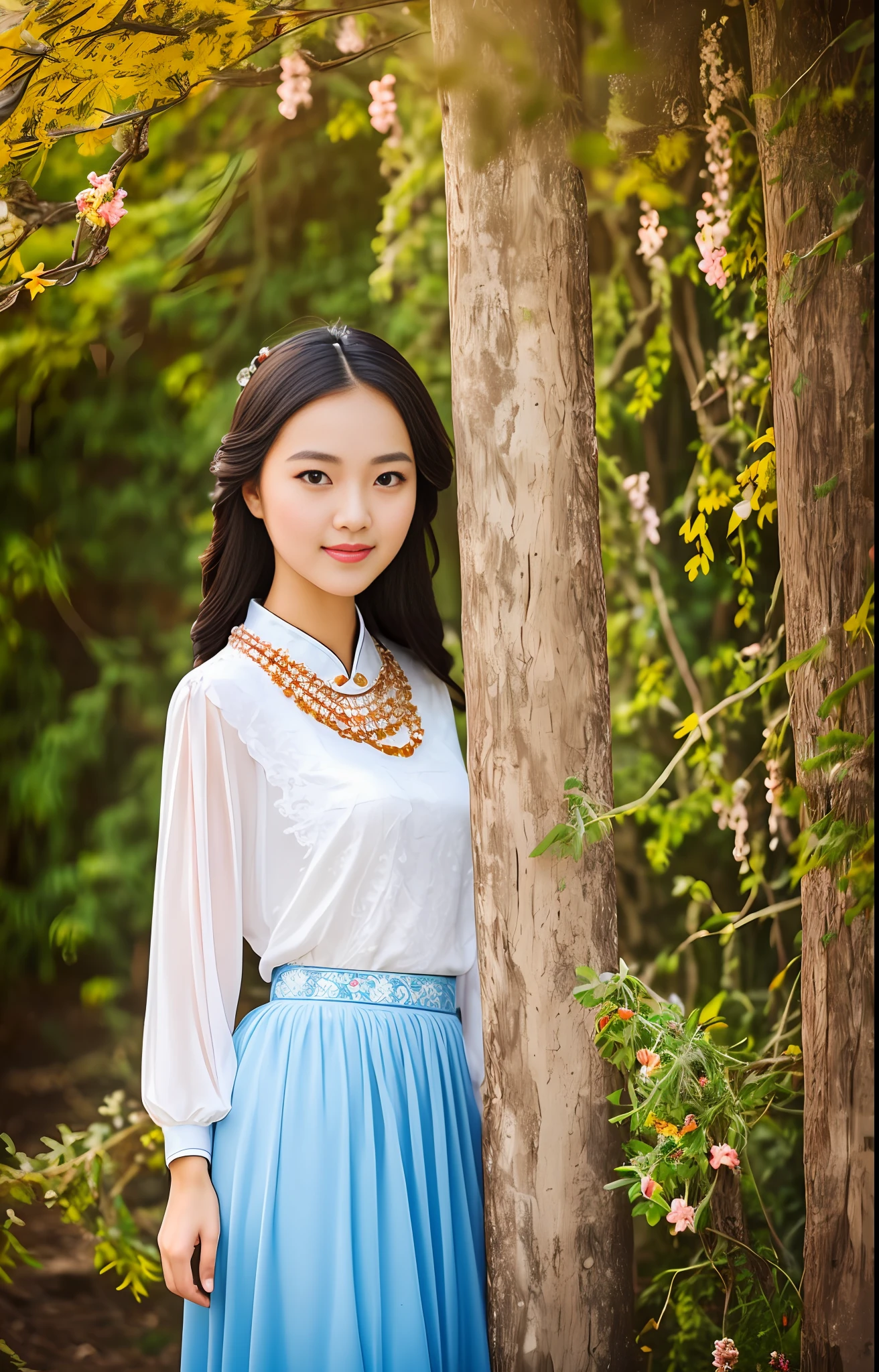 Best quality, masterpiece, high resolution, photo, 1 young girl, fair skin, temperament, plain cheongsam porcelain skirt, bright, full body photo, standing under an ancient palace, hair ornaments, necklaces, jewelry, beautiful face, Tyndall effect, realistic, SLR, soft light, real person, photography, head down and smile, full of mystery, natural sunlight, warm and natural colors, real and natural photographic effects.