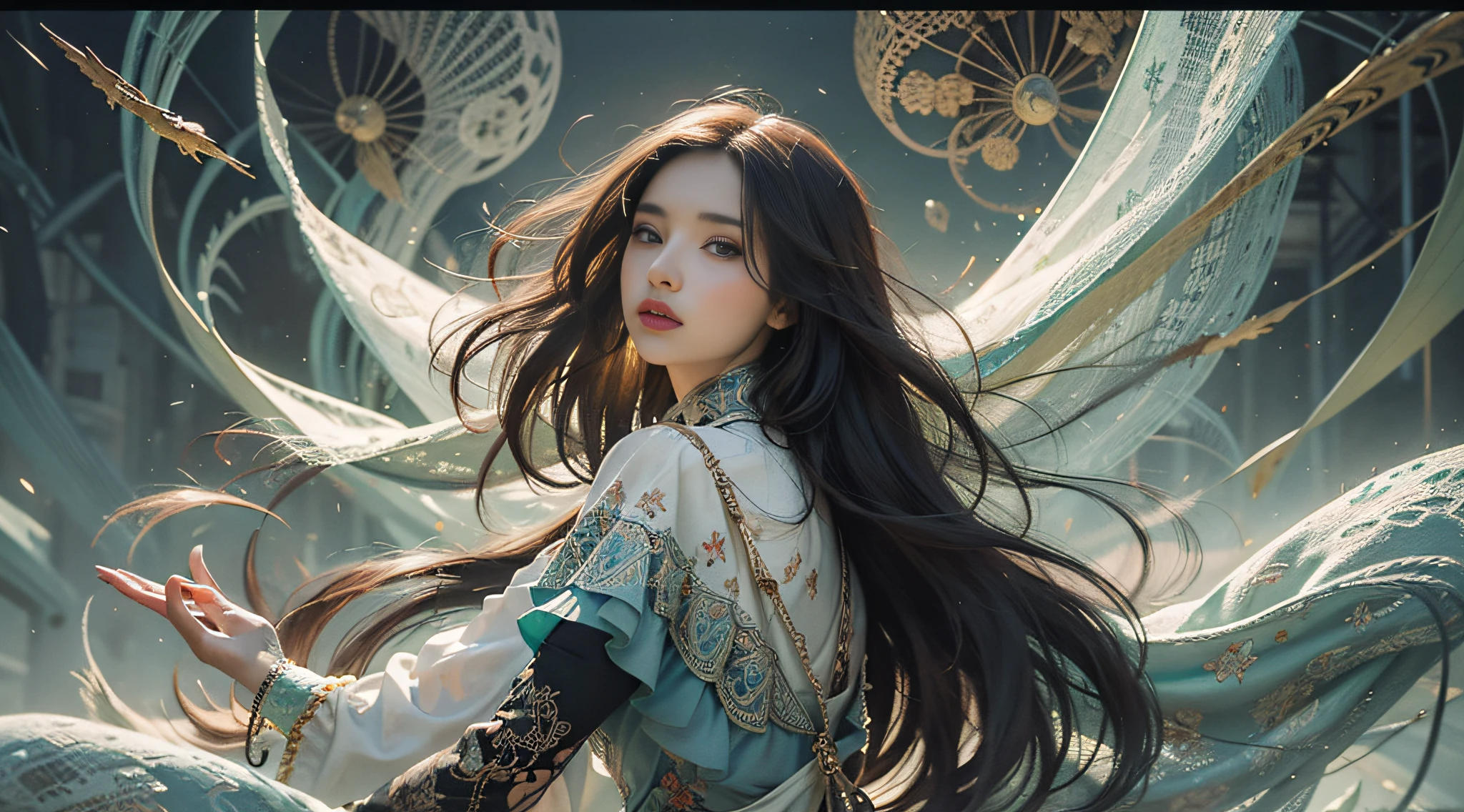 Official Art, 8k wallpapers, light green clothes, ultra detail, beauty and aesthetics, masterpiece, best quality, (zentangle, mandala, tangled, entangled), (fractal art: 1.3), 1girl, very detailed, dynamic angle, cowboyshot, most beautiful form chaos, openwork transparent tights, elegant, brutalist design, bright colors, romanticism, James Jean, Robbie Devi Antono, Ross Tran, Francis Bacon, Michal Mraz, Adrian Gaini, Petra Kotwright, Gerhard Richter, Takashi Yamamoto, Ashley Wood, atmospheric, ecstatic notes, flow notes visible