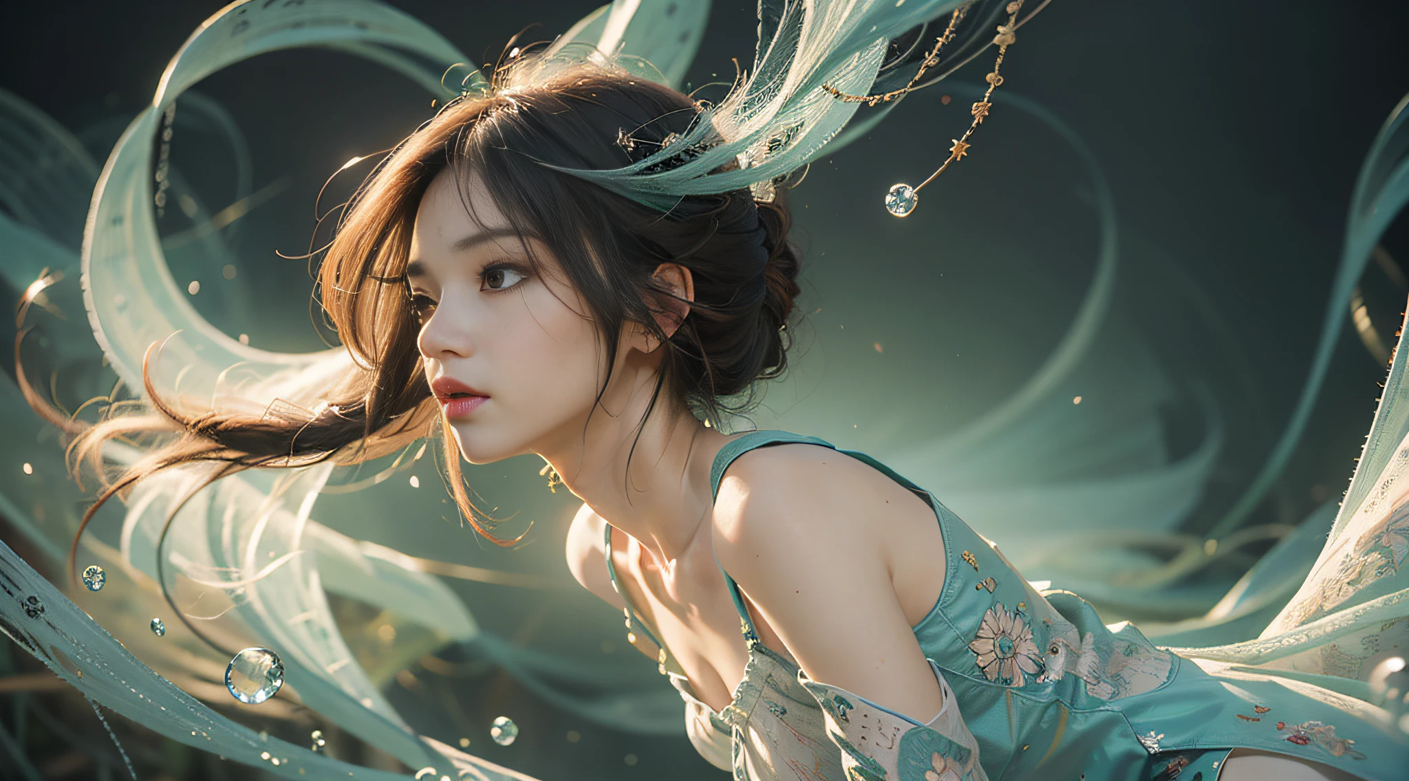 Official Art, 8k wallpapers, light green clothes, ultra detail, beauty and aesthetics, masterpiece, best quality, (zentangle, mandala, tangled, entangled), (fractal art: 1.3), 1girl, very detailed, dynamic angle, cowboyshot, most beautiful form chaos, openwork transparent tights, elegant, brutalist design, bright colors, romanticism, James Jean, Robbie Devi Antono, Ross Tran, Francis Bacon, Michal Mraz, Adrian Gaini, Petra Kotwright, Gerhard Richter, Takashi Yamamoto, Ashley Wood, atmospheric, ecstatic notes, flow notes visible