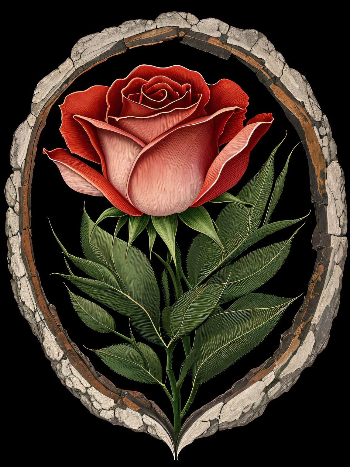 A close-up view of an illustration of a large petrified rose with intricate details surrounded by a soft glow,