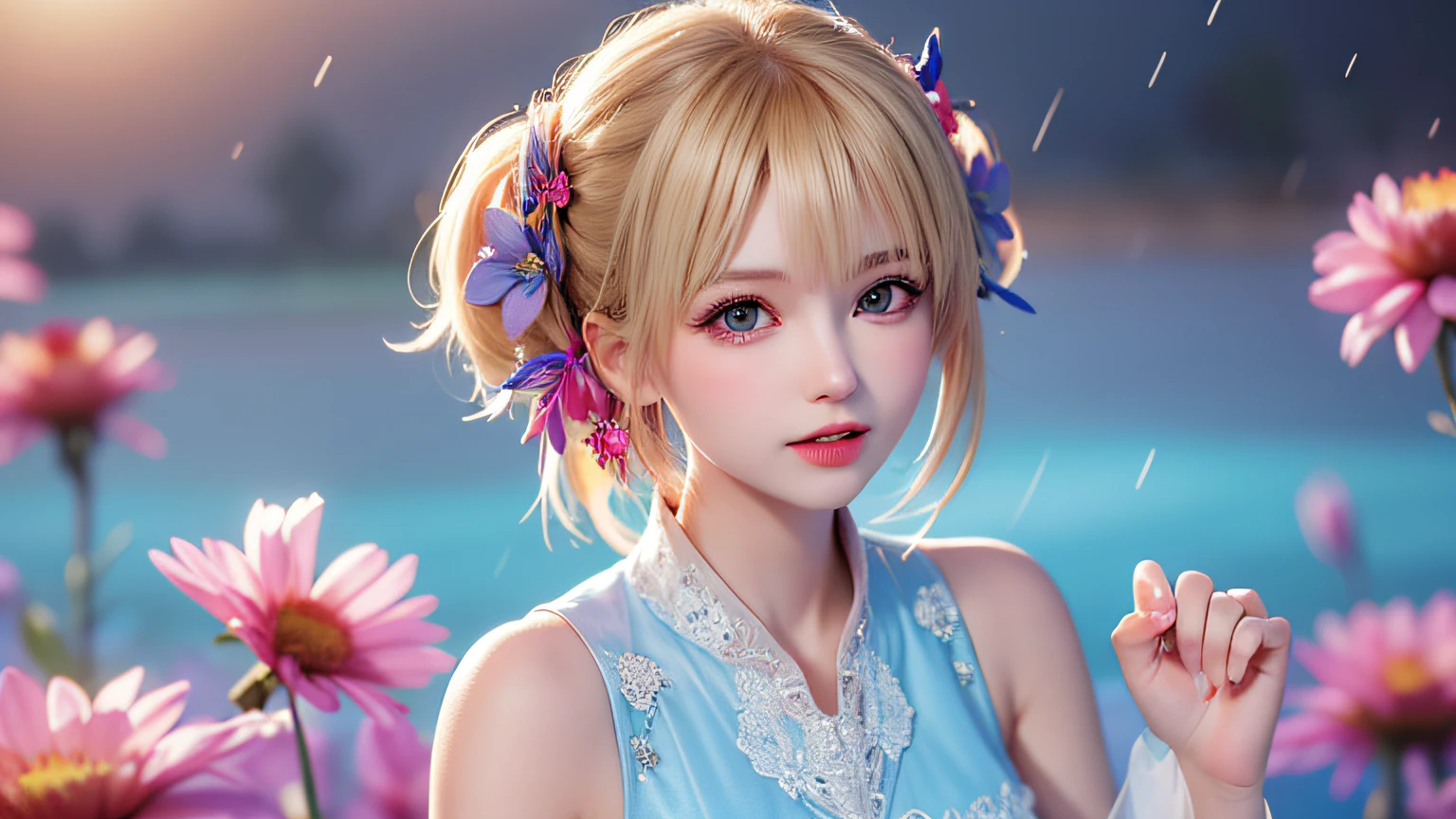 (8k, RAW photo: 1.2), top quality, ultra high resolution, head to knee, dramatic angle, (finely colored petals fluttering), (illustration), (1 girl)))), (long hair), (transparent white sheer sleeveless dress, mini skirt)), (blonde, blue eyes) beautiful face, (bright lip gloss, long eyelashes, smooth) face, bright skin, Natural Shadows, Wide Light, Wide Light, Depth of Field, Strong Colors, Subtle Caustics: 0.8), Smile, (Big), (Rain: 0.9), Behind the Girl is Hanazono, (Focus), ((Standing on the Surface of the Water)), ((Color Splash), Colorful Splash, (((((Colorful)))), (Sketch: 0.8), Masterpiece, Best Quality, Beautifully Painted, Highly Detailed, (Denoise: 0.6), [ Splash Ink], (Ink Refraction)), (Beautiful Detailed Sky), Highly Detailed, (Masterpiece, Best Quality, Highly Detailed) CG Unity 8k Wallpaper, Masterpiece, Best Quality, Ultra Detailed, (Lycoris radiata)