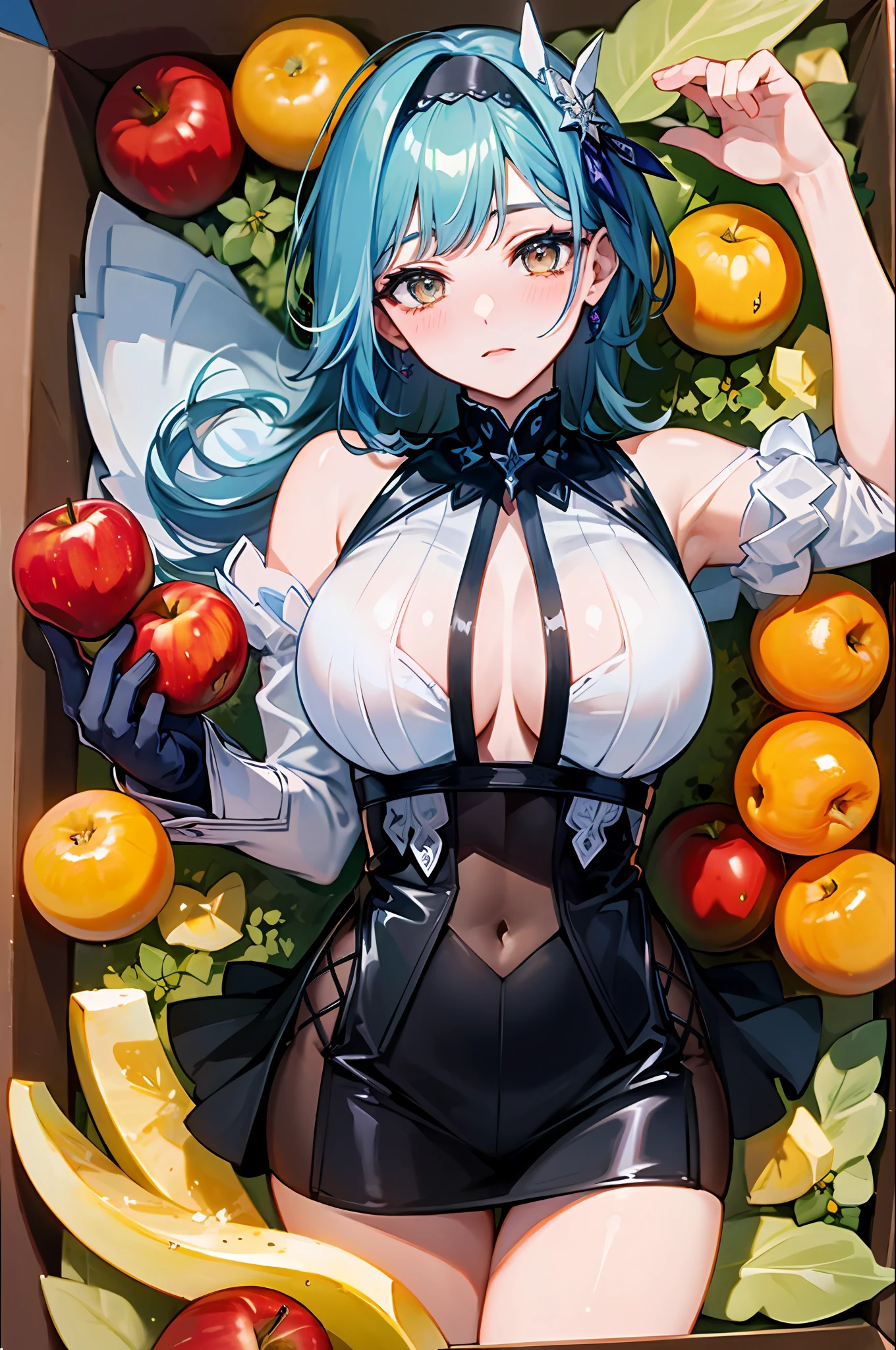 (Masterpiece, Top Quality, Best Quality, Official Art, Beautiful Beauty: 1.2), (8K, Best Quality, Masterpiece: 1.2), A Woman, Short Hair, Headdress, White Dress, Black Tie, Delicate Facial Features, Lying in a Huge Box, Shy Expression, Box Full of Apples, Oranges, Bananas