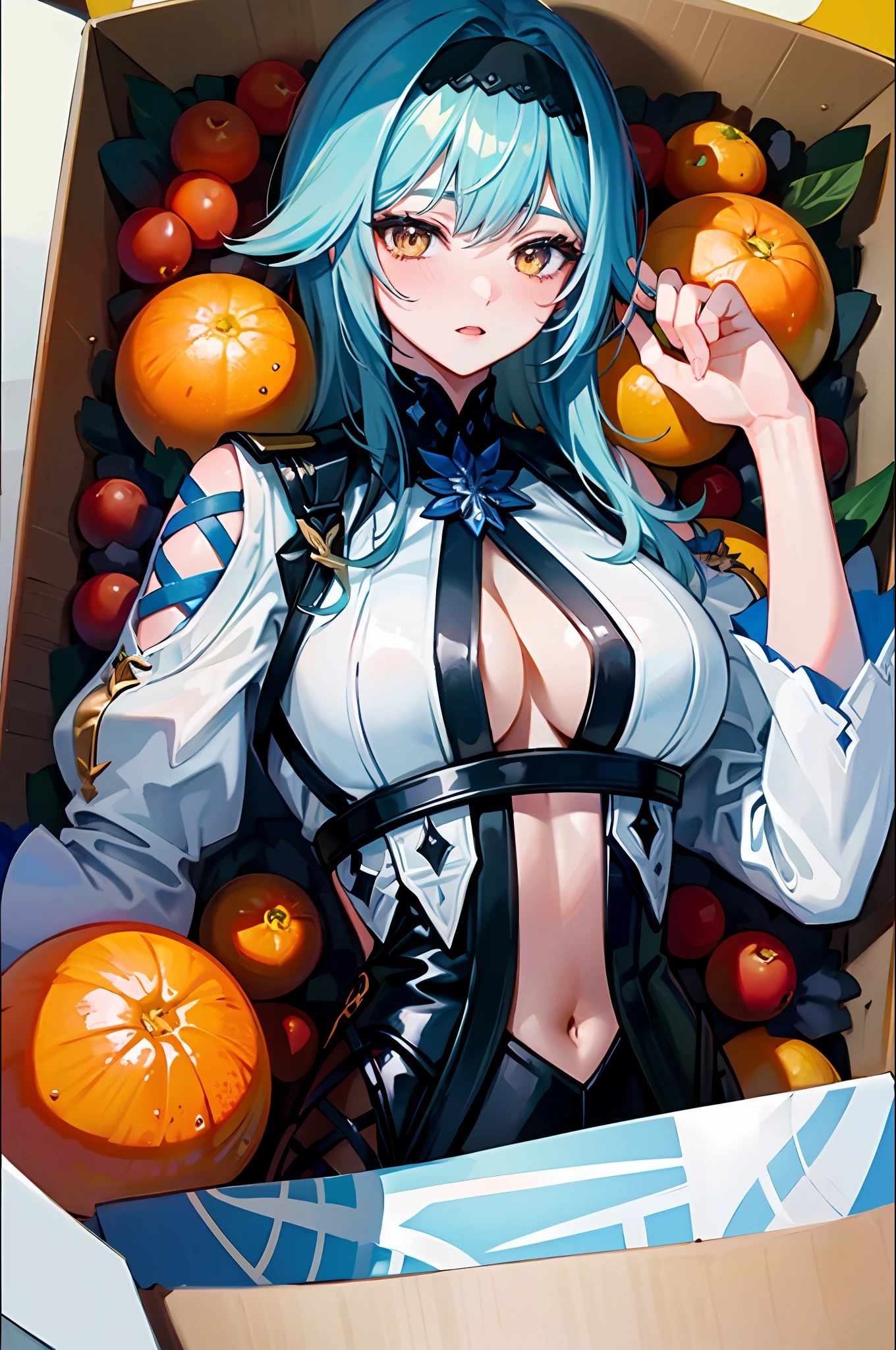 (Masterpiece, top quality, best quality, official art, beautiful beauty: 1.2), (8K, best quality, masterpiece: 1.2), a woman, delicate facial features, lying in a huge box, facial expressions are so sexy and seductive, the box is full of oranges, the contents of the box are Primogem Ghenshin shock,