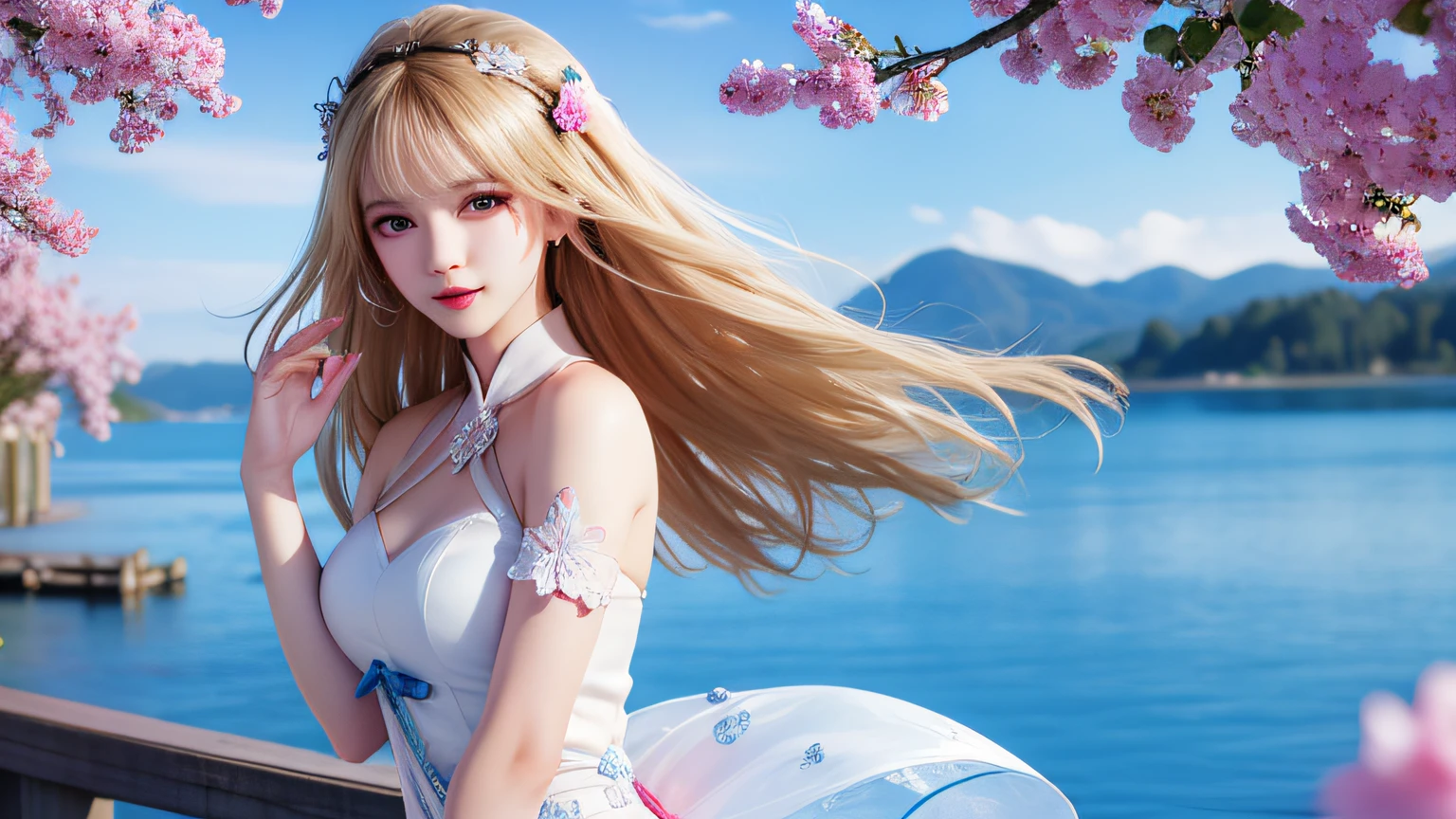 (8k, RAW photo: 1.2), top quality, ultra high resolution, head to knee, dramatic angle, (finely colored petals fluttering), (illustration), (1 girl)))), (long hair), (transparent white sheer sleeveless dress, mini skirt)), (blonde, blue eyes) beautiful face, (bright lip gloss, long eyelashes, smooth) face, bright skin, Natural Shadows, Wide Light, Wide Light, Depth of Field, Strong Colors, Subtle Caustics: 0.8), Smile, (Big), (Rain: 0.9), Behind the Girl is Hanazono, (Focus), ((Standing on the Surface of the Water)), ((Color Splash), Colorful Splash, (((((Colorful)))), (Sketch: 0.8), Masterpiece, Best Quality, Beautifully Painted, Highly Detailed, (Denoise: 0.6), [ Splash Ink], (Ink Refraction)), (Beautiful Detailed Sky), Highly Detailed, (Masterpiece, Best Quality, Highly Detailed) CG Unity 8k Wallpaper, Masterpiece, Best Quality, Ultra Detailed, (Lycoris radiata)