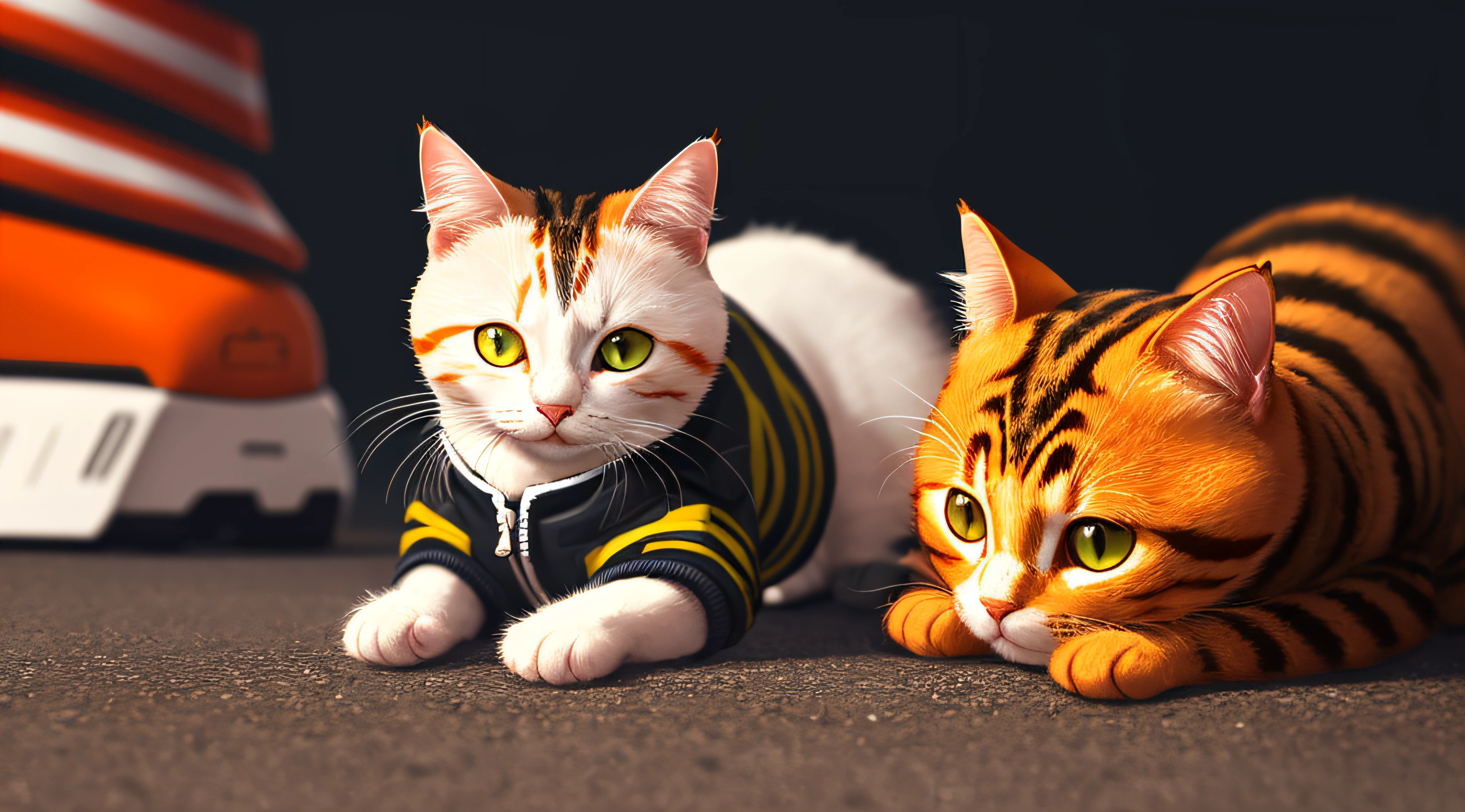 isometric view of a MINI cute hyperrealistic futuristic soldier cat wearing cyberpunk jacket. orange skin. Cinematic, hyper detailed, white GRADIENT background , highly detailed, zoomed out, --auto