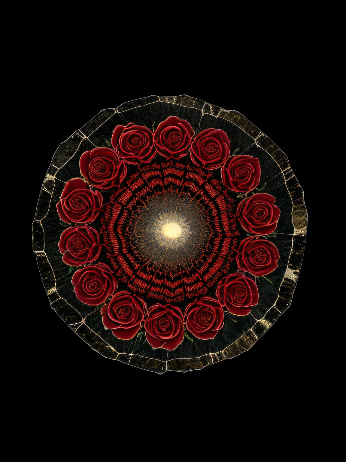 A close-up view of an illustration of a large petrified rose with intricate details surrounded by a soft glow,