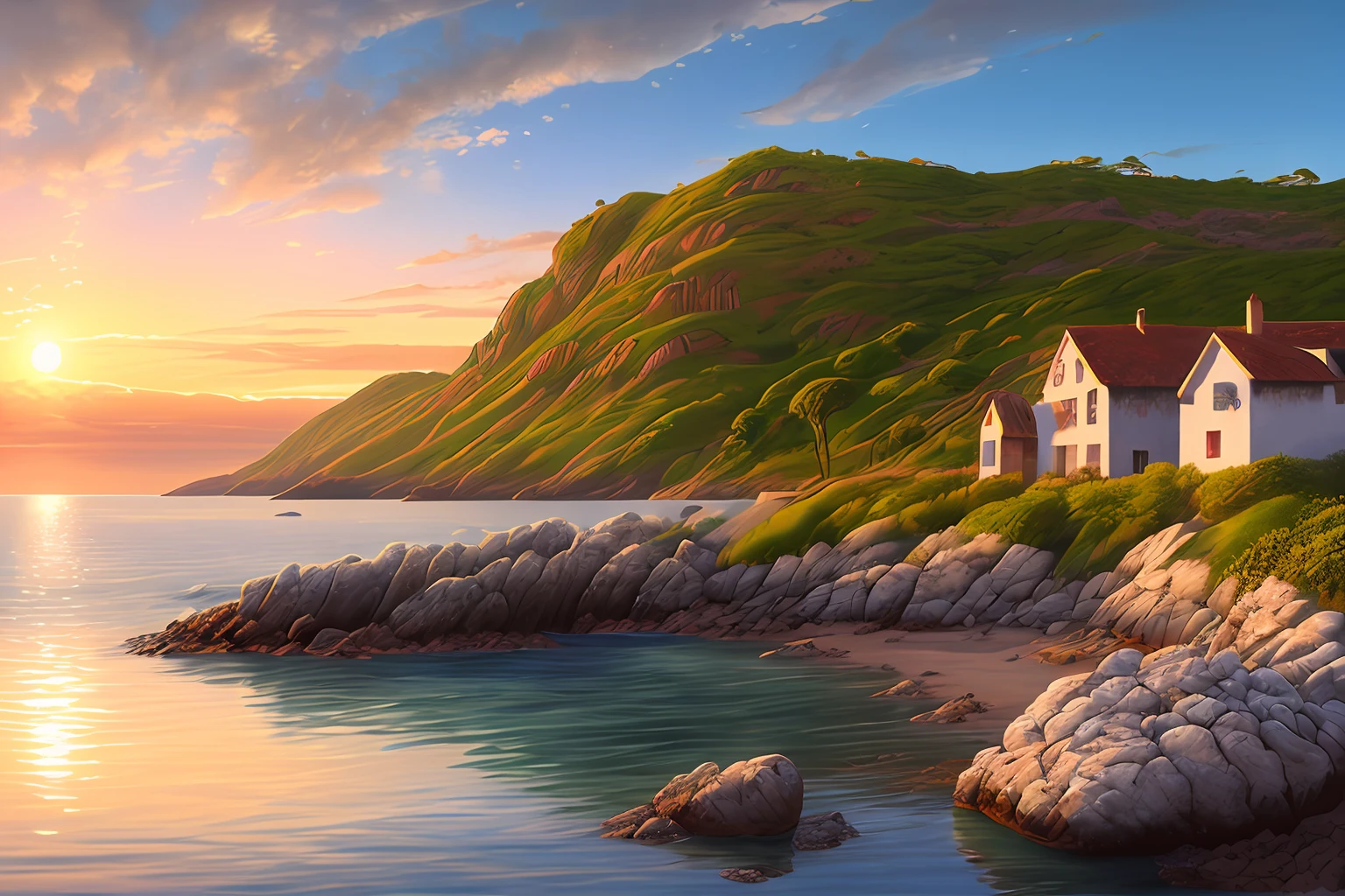 landscape,azure sea, , exotic flowers, bright landscape, , rocks,, setting sun, blue sky, water, houses, (extremely detailed CG 8k unit wallpaper), world's most beautiful artwork, professional majestic oil painting, complex, high detail, sharp focus, dramatic, photorealistic painting art,