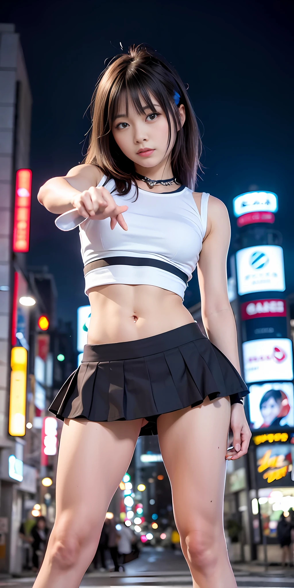 1 girl, Tokyo street, night, cityscape, city lights, upper body, close-up, smile, (8k, RAW photo, highest quality, masterpiece: 1.2), (realistic, photoreal: 1.37), micro mini skirt, muscular, squat, legs open towards front, hands in front of crotch posing