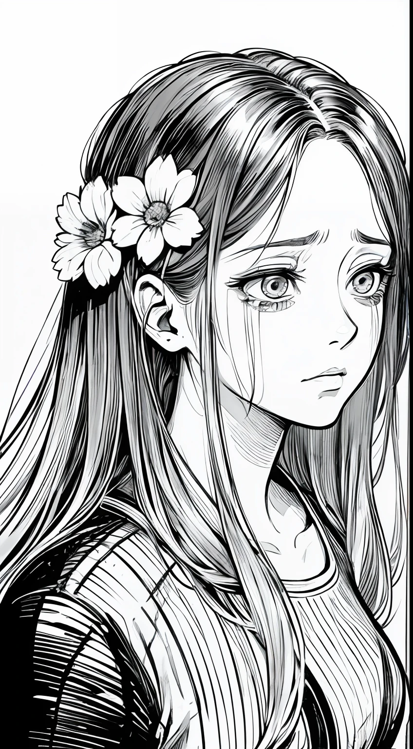 A woman with long hair with a flower in her hair, black background, sad, depressed, crying, expressionless, bust shot, rough expressive lines, expressive lines, dark lines, dense lines, strong line work, masterpiece, best quality, black and white manga, super fine, extremely delicate and beautiful, horror manga, inspired by Junji Ito, Junji Ito's artistic style,