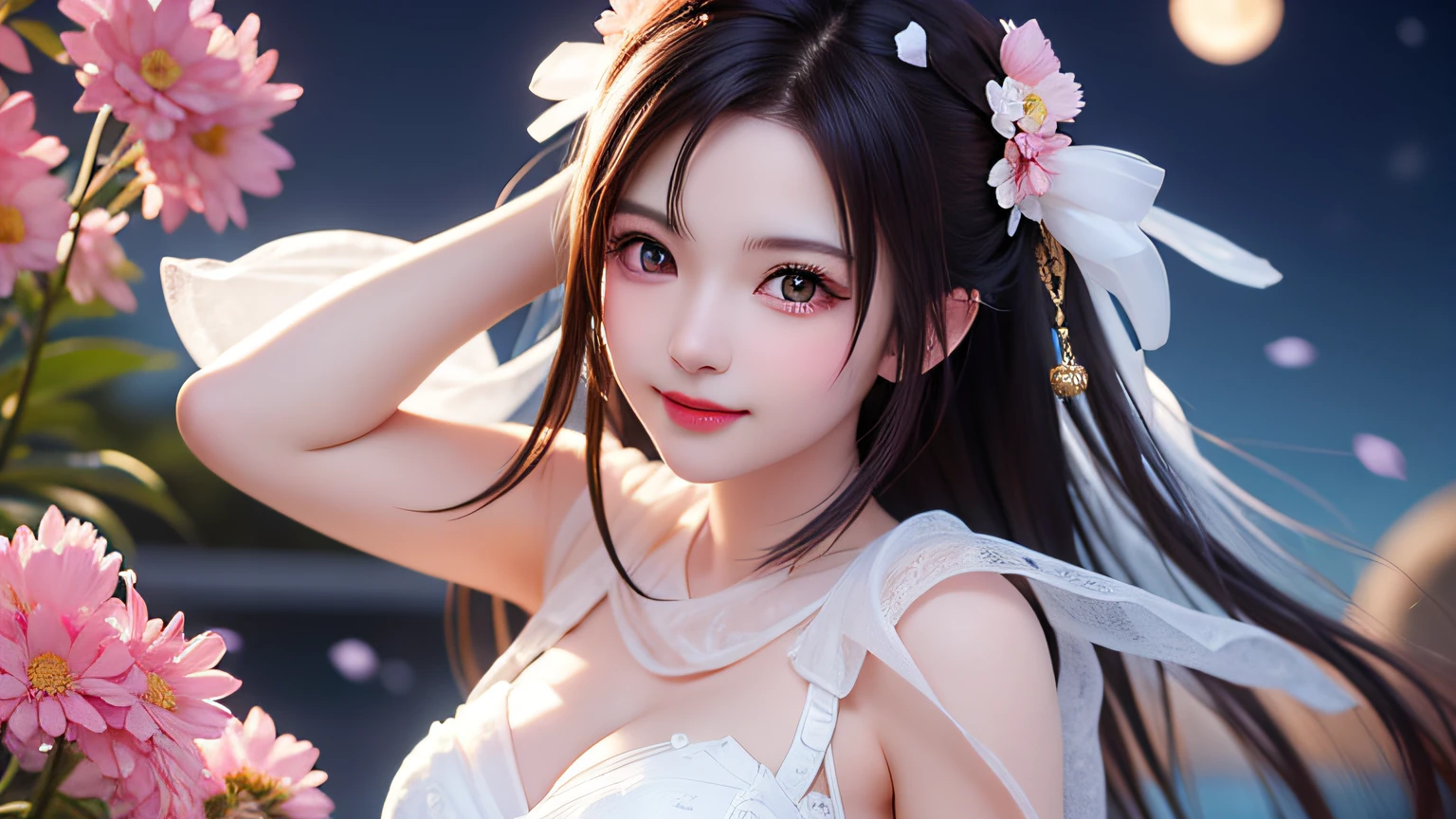 (8k, RAW photos: 1.2), top quality, ultra high resolution, head to knee, dramatic angles, (finely colored petals fluttering), (illustration), (1 girl)))), (long hair), (transparent white sheer sleeveless dress, mini skirt))), beautiful face, (bright lip gloss, long eyelashes, smooth) face, bright skin, natural shadows, wide light, Wide Light, Depth of Field, Strong Color, Subtle Caustics: 0.8), Smile, (Big), (Rain: 0.9), Behind the Girl is Hanazono, (Focus), (Standing on the Surface of the Water)), (Color Splash), Colorful Splash, (Colorful)))), (Sketch: 0.8), Masterpiece, Best Quality, Beautifully Painted, Highly Detailed, (Denoise: 0.6), Splash Ink, ((Ink Refraction)), (Beautiful Detailed Sky), Moon, Highly Detailed, (Masterpiece, Best Quality, Highly Detailed) CG Unity 8k Wallpaper, Masterpiece, Best Quality, Ultra Detail), (Lycoris radiata),