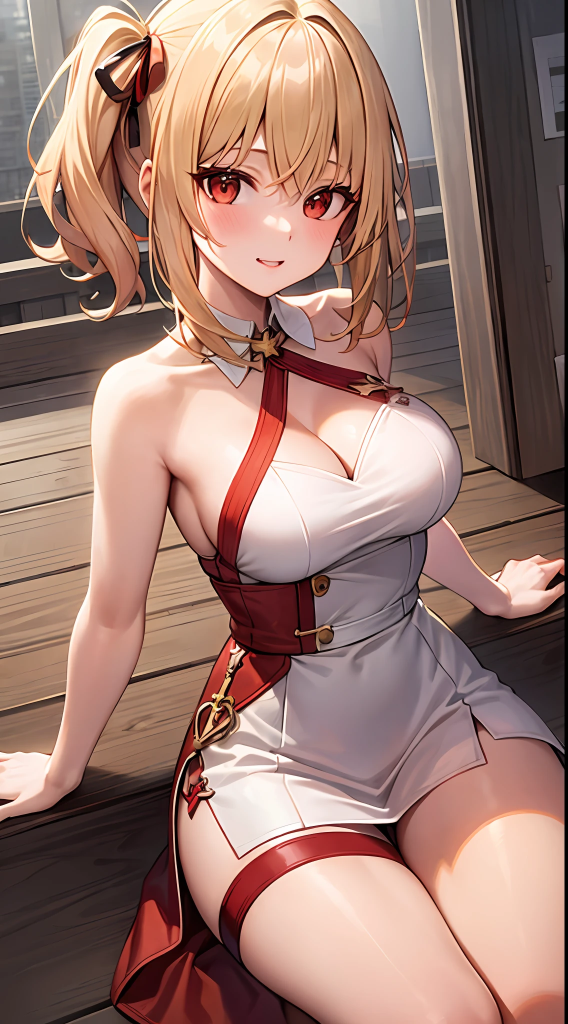 Blonde, 1 girl, red eyes, white dress, sexy