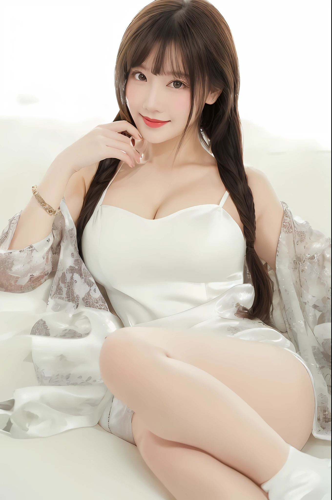 Best Quality, 8k, 32k, Masterpiece, UHD: 1.2), Big Boobs, Big Tits, 1 Woman, 22 years old, very beautiful slim legs, wearing silk clothes, very beautiful slender legs, light milky porcelain skin, seaside, milky skin, slender legs, beautiful slim legs, white clothes, pink clothes, silk clothes, under the shade tree, smile