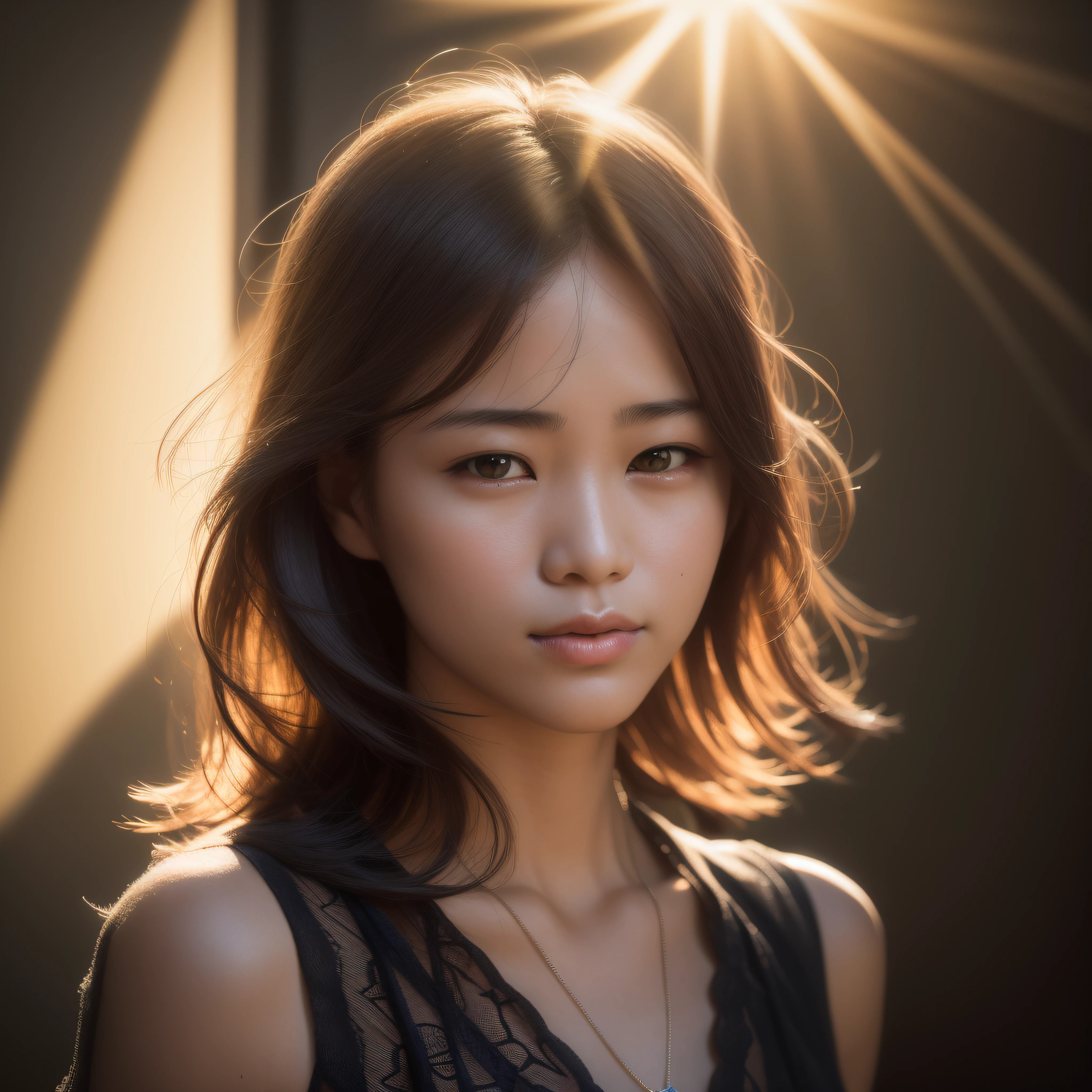 arafed woman with a necklace and necklace standing in front of a sun, beautiful japanese girls face, 50 mm lens photo portrait, portrait of a japanese teen, medium portrait soft light, a young asian woman, beautiful young korean woman, 50mm portrait, 60mm portrait, backlit beautiful face, beautiful portrait lighting, asian beautiful face