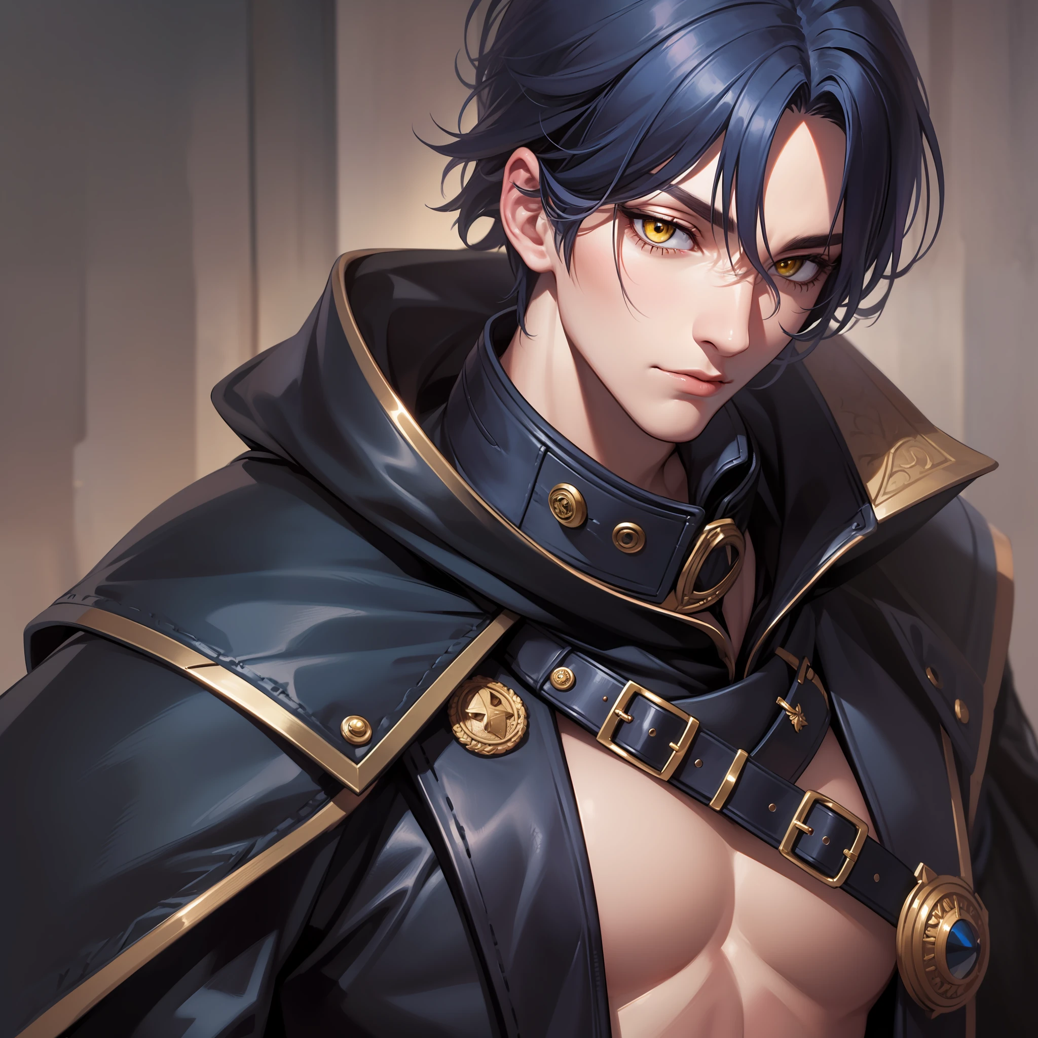 (ridiculous, tall, super detailed), 1 male, adult, handsome, broad shoulders, fine and detailed eyes, detailed background, detailed face, gloves, black leather coat, cloak, belt, belt, closed mouth, dark blue hair, yellow eyes, (cat eyes), apathy