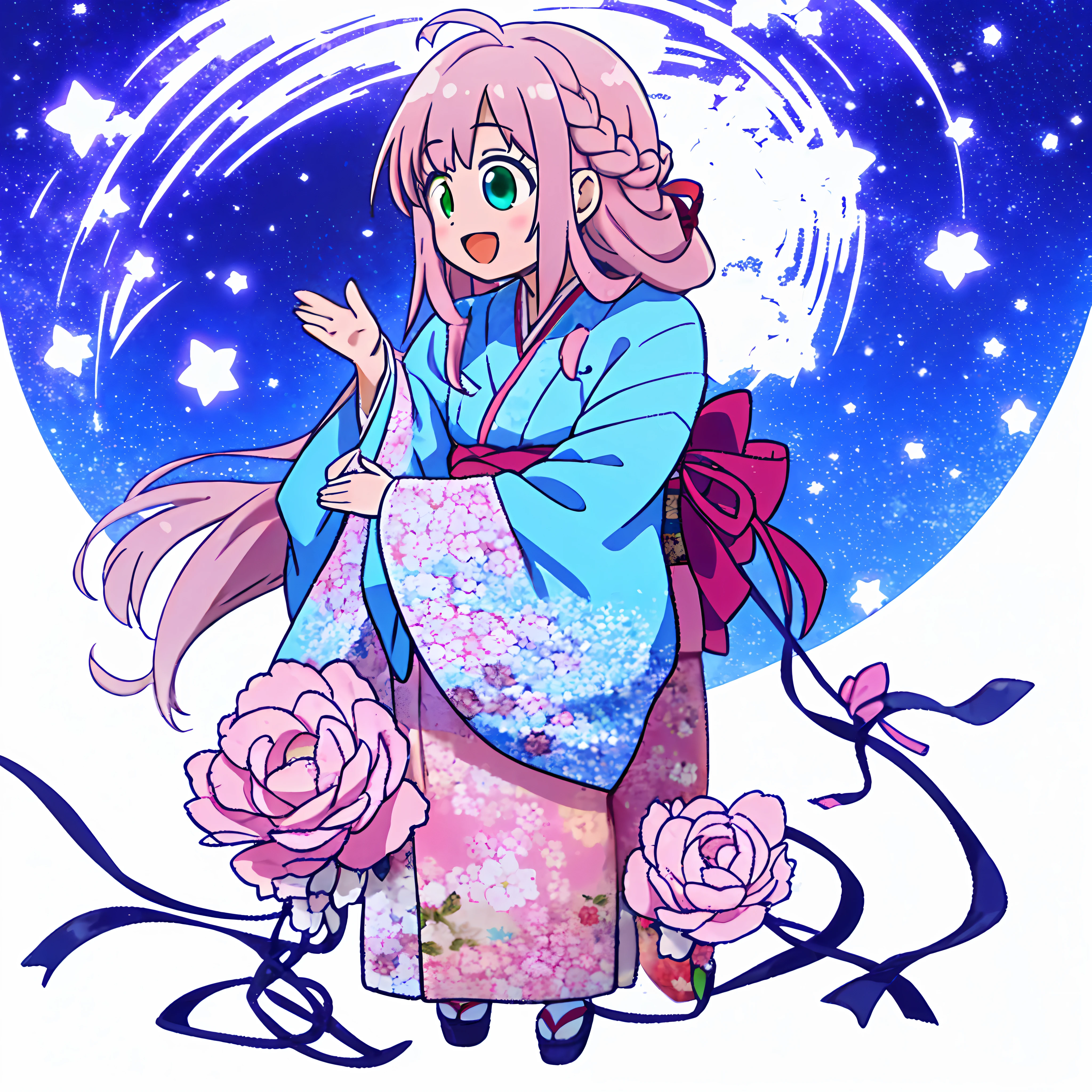 In the glowing meadow, one girl, Solo,,{heterochromia,pale blue eyes,pale green eyes:1.5}, silhouette of star eyes, standing figure, happy, :d, break ((pale pink hair, braid, semi-long hair, ribbon: 1.5)), thinning hair, break, big, red flower kimono, open mouth, looking up at the sky, Milky Way, bystander surrounded by enchanting sights. Break The vast open field comes to life with a soft glow, illuminating the surrounding landscape. (Dynamic Angle: 1.2), Break