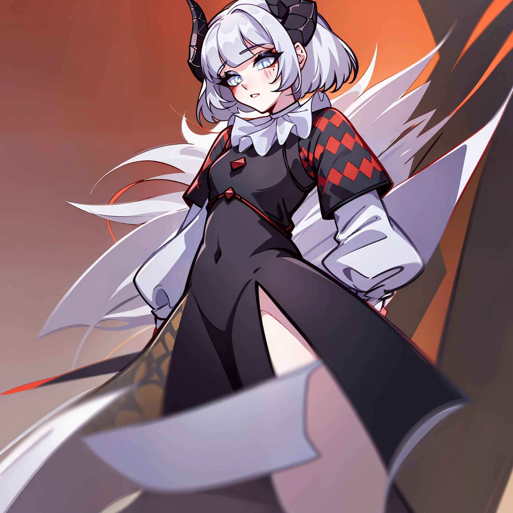 (Best quality: 1.0), (super high res: 1.0), extremely detailed character, detailed Hands, half-dragon girl, horns, scales on the neck, scales on the shoulders, scales on the forearm, scales on the cheek, dragon's tail, extremely detailed hair, short hair, ((white hair)), ((black locks)), extremely detailed eyes, eye with different colors, white right eye and the left being black,  dragon eyes, 2d, anime art, ((child)), ((full body)), standing, medieval, Rpg,
