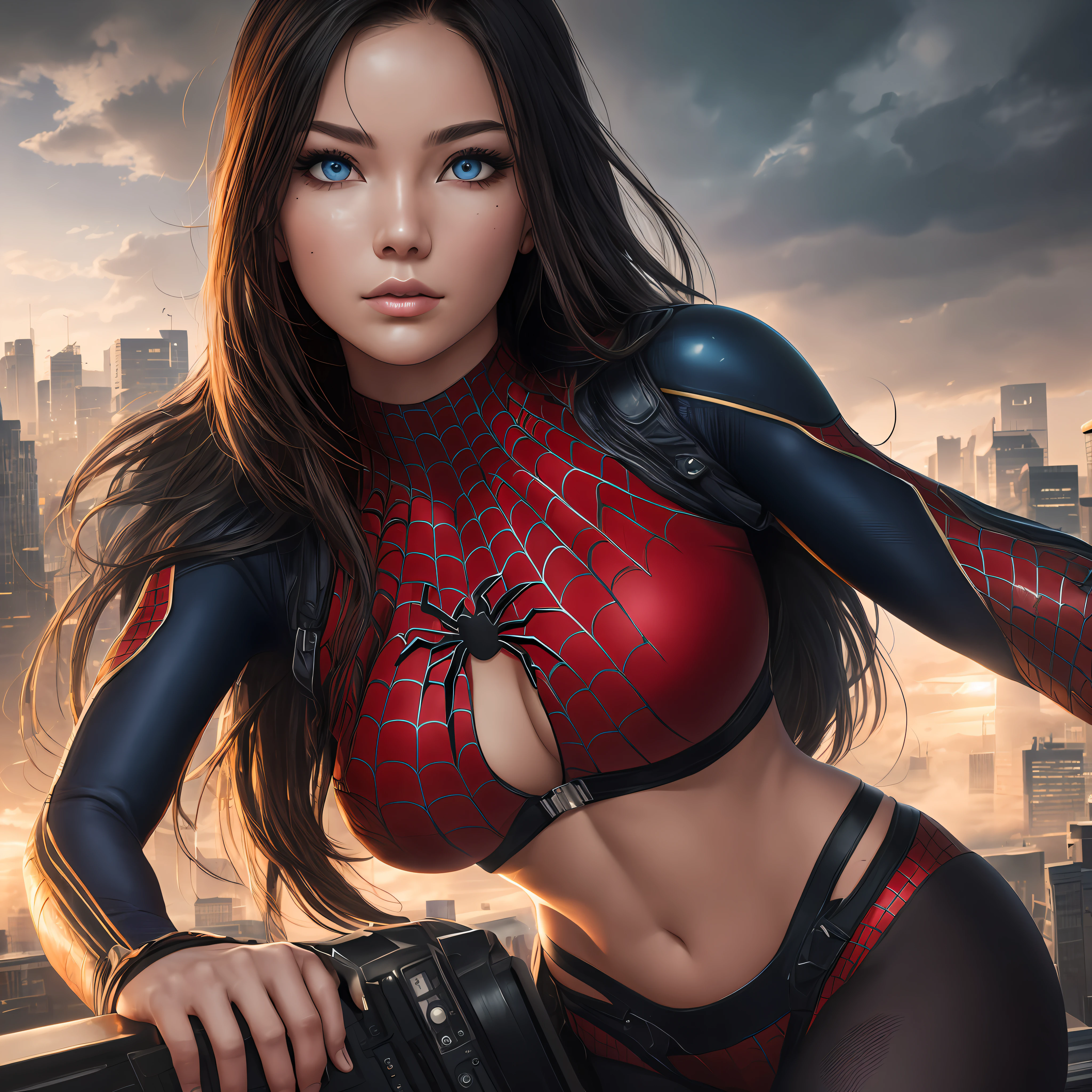 (1 Woman:1.3), Solo, ((((Highly Detailed Face)))), ((Highly Detailed Eyes and Face)))), Beautiful Detail Eyes, Body parts__, Official Art, Unified 8k Wallpaper, Ultra Detailed, Beautiful and Beautiful, Beautiful, Masterpiece, Best Quality, Original, Masterpiece, Ultra Micro Photography, Best Quality, Ultra High Definition, Realistic Realism, Sunlight, Full Body Portrait, Amazing Beauty, Dynamic pose, delicate face, vivid eyes, (from the front), she is in a spider-man suit, red and black color scheme, spider, highly detailed city roof background, rooftop, overlooking the city, detailed face, detailed complex busy background, messy and gorgeous milky white, highly detailed skin, realistic skin details, visible pores, clear focus, volumetric fog, 8k UHD, DSLR, high quality, film grain, fair skin, photorealism, lomography, futuristic dystopian megalopolis, translucent, big breasts, big, skewed , suit torn, adult woman, Japan, Japan woman, --auto