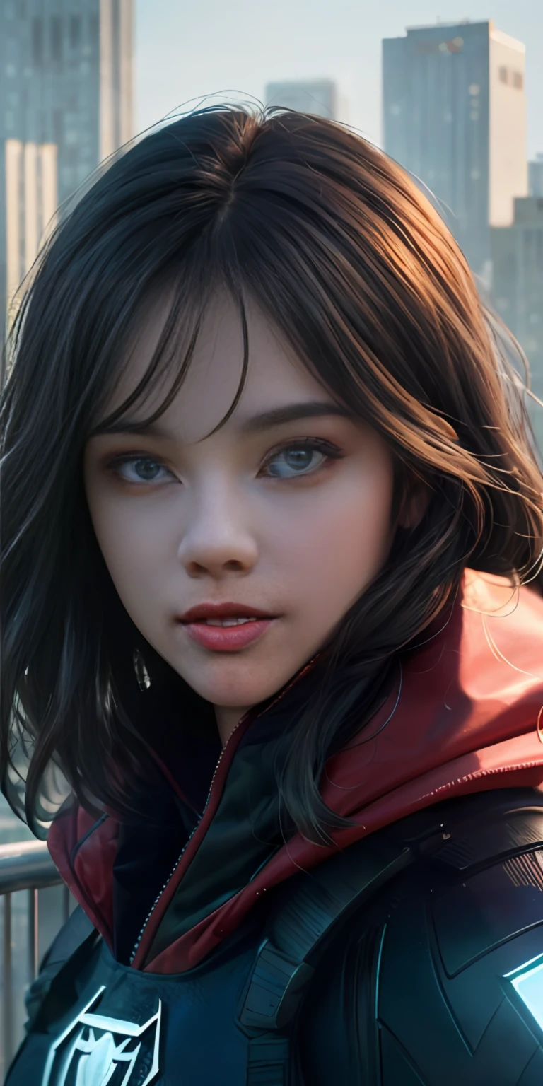 (1girl:1.3), Solo, (((Very detailed face)))), ((Very detailed eyes and face)))), Beautiful detail eyes, brunette skin, dark hair, Body parts__, Official art, 8k unified wallpaper, Super detailed, beautiful and beautiful, beautiful, masterpiece, best quality, original, masterpiece, super thin photo, best quality, super high resolution, realistic realism, sunlight, full body portrait, amazing beauty, dynamic pose, delicate face, vibrant eyes, (from the front), She wears Spider-Man suit, red and black color scheme, spider, very detailed city roof background, roof, with city view, detailed face, detailed complex busy background, messy, gorgeous, milky white, highly detailed skin, realistic skin details, visible pores, clear focus, volumetric mist, 8k uhd, DSLR, high quality, film grain, light skin, photographic realism, lomography, futuristic dystopian megalopolis, translucent