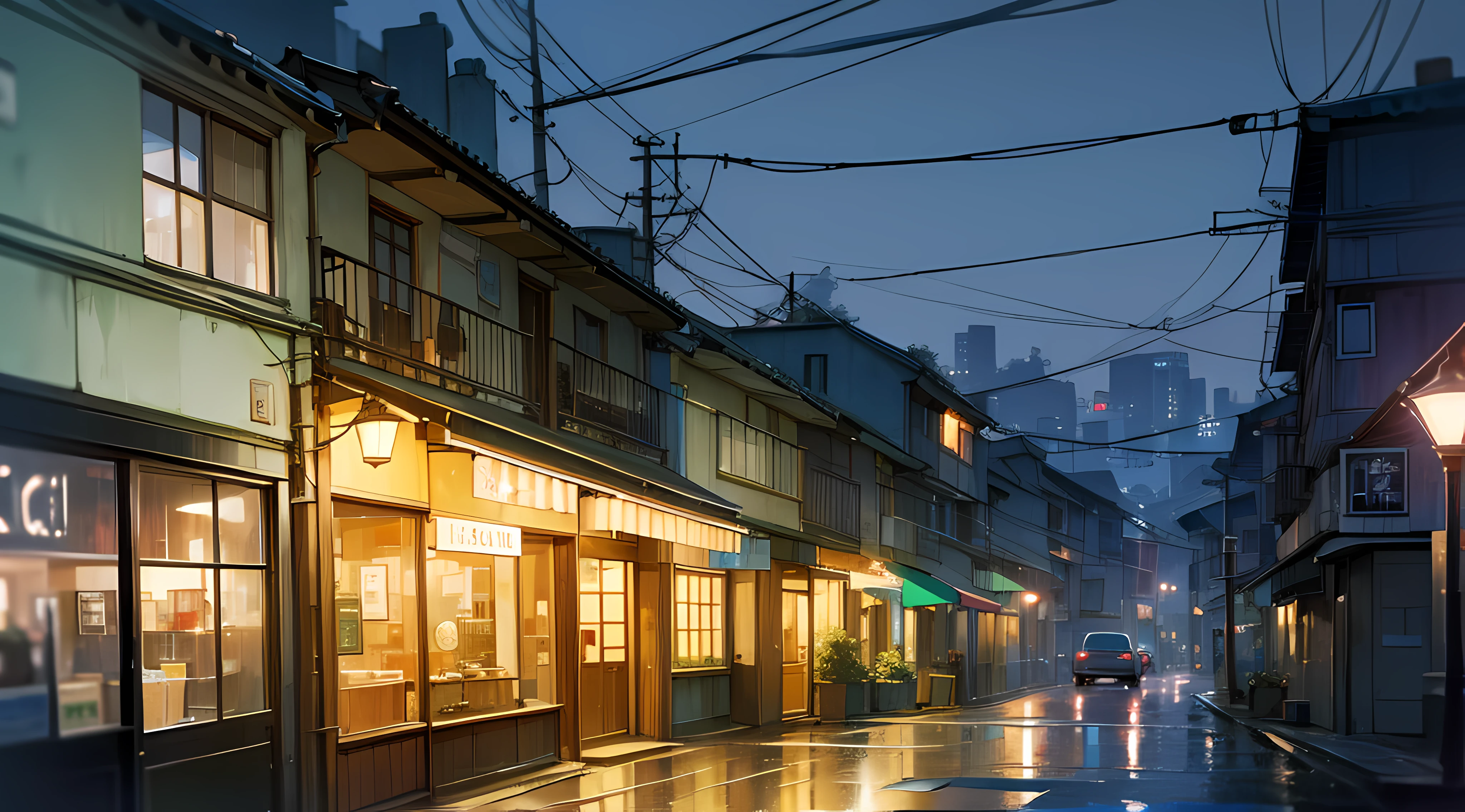 At night, a café with a small light, lo-fi hiphop, the scenery outside the window is a residential area, silence, light rain --auto --s2