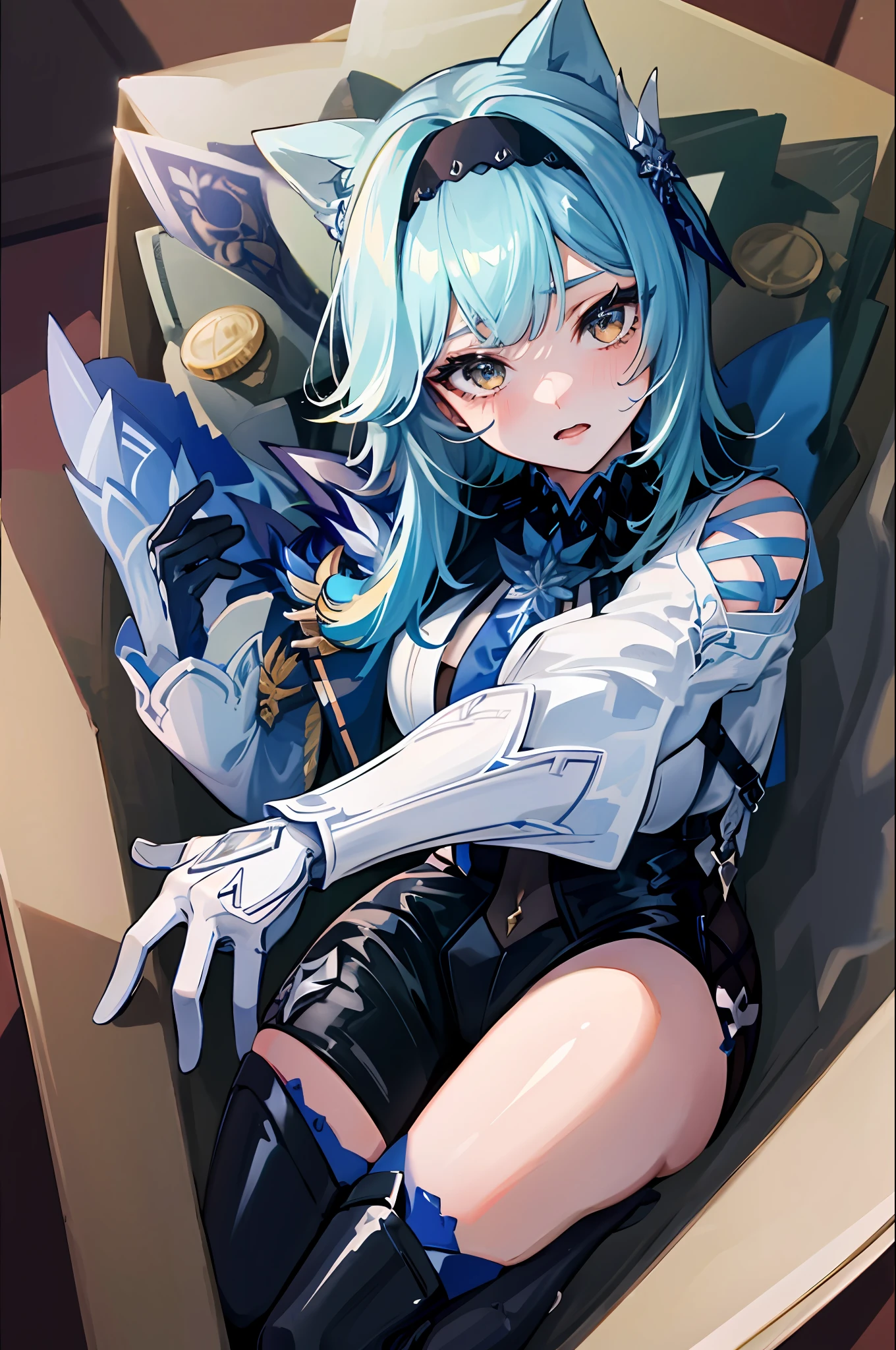 (masterpiece, top quality, best quality, official art, beautiful and aesthetic:1.2),(8k, best quality, masterpiece:1.2), there is a woman sitting in a box full of money and diamod, facial expressions that are so sexy and seductive, the color of the box is blue, the contents of the box are primogem ghenshin impact,