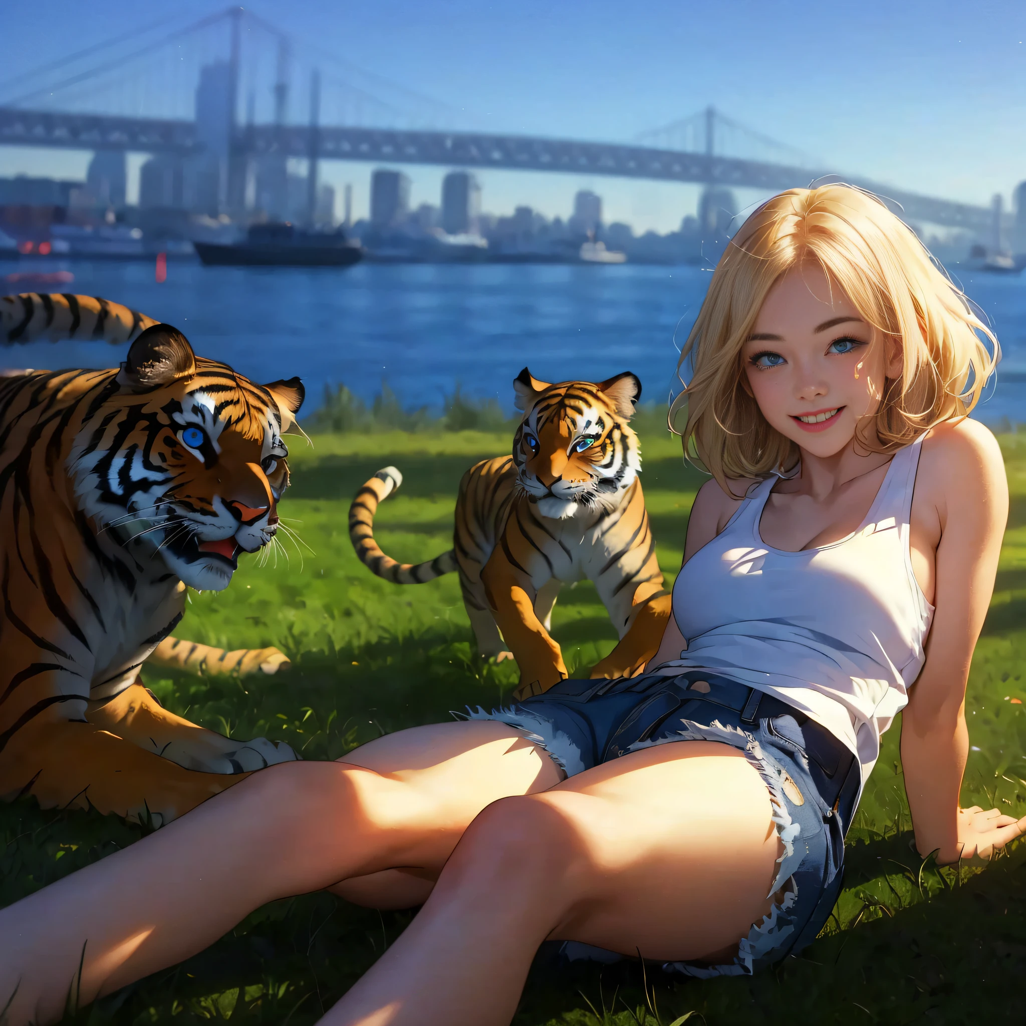 {{masterpiece, best quality, extremely detailed CG, unity 8k wallpaper}}, digital art, Yokohama Harbor, park, facing, lying down, grass, a girl playing with tiger cats, adorable face, smiling, blonde, short bob, detailed eyes, blue eyes, double eyelids, long eyelashes, long limbs, big breasts, cleavage, slim waist, visible navel, white tank top:1.3, distressed denim shorts:1.4, white sneakers, cinematic lighting,