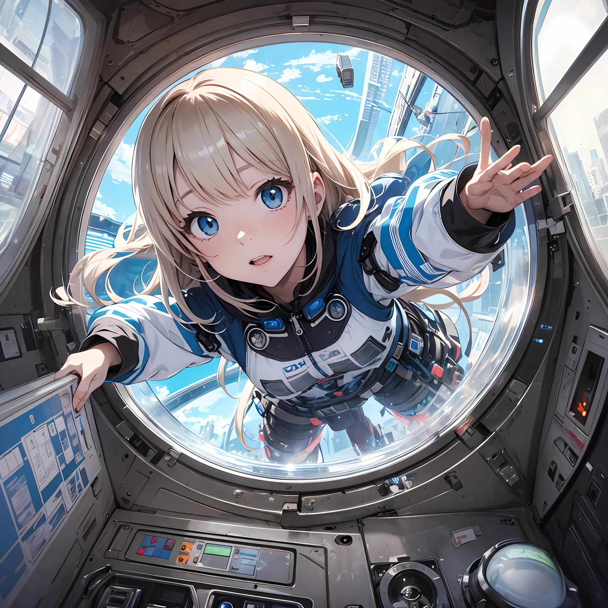 Masterpiece, Light Novel Illustration, Anime Style, 8k, Detailed, Inside a Capsule, view from inside, First person perspective , two hands reaching out for something, high-tech babysule, high-tech, with transparent window showing the blue sky, reaching for the sky, sci-fi, lying position, looking through the window
