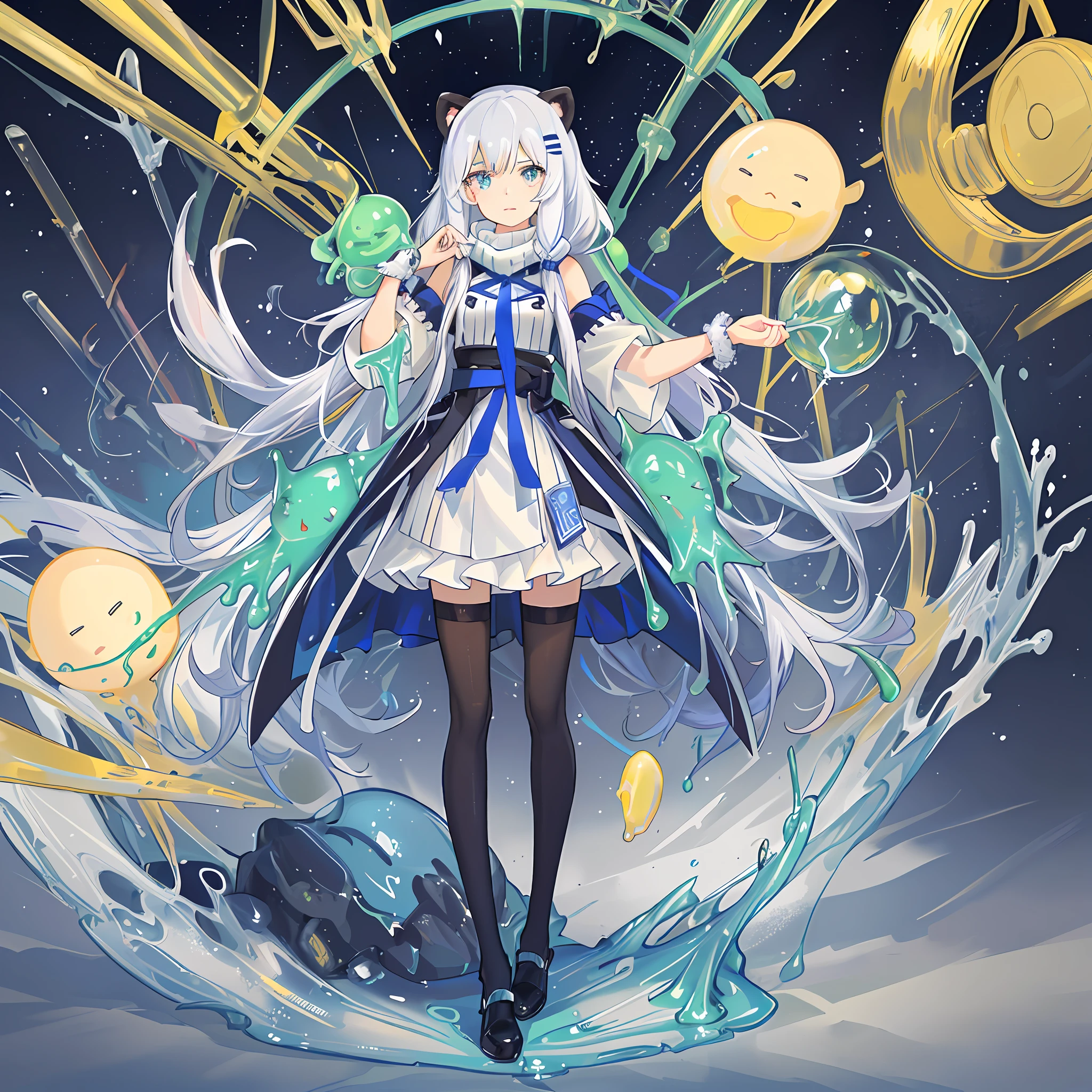 (sticky mellow slime musume:1.5), (sticky mellow slime musume:1.5), liquid, masterpiece, best quality ,many wet,((solo)), young girl ,(melt girl), cropped torso upper body , colored skin, monster girl, (fringe:1.2), (bangs:1.35) , shiny hair, solo,full body,from below,foot focus,Levitation,rope levitation,arm up,hads over head,bound wrists,chibi,,blue winter clothes,cat ear,white hair,pink eye,standing,puffy sleeves,fur-trimmed sleeves,white pantyhose pull,long hair,panda Hooded cloak,