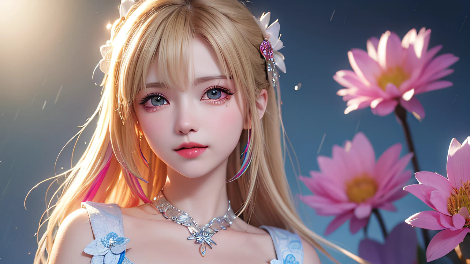 (8k, RAW photo: 1.2), top quality, ultra high resolution, head to knee, dramatic angle, (finely colored petals fluttering), (illustration), (1 girl)))), (long hair), (transparent white sheer sleeveless dress, mini skirt)), (blonde, blue eyes) beautiful face, (bright lip gloss, long eyelashes, smooth) face, bright skin, Natural Shadows, Wide Light, Wide Light, Depth of Field, Strong Colors, Subtle Caustics: 0.8), Smile, (Big), (Rain: 0.9), Behind the Girl is Hanazono, (Focus), ((Standing on the Surface of the Water)), ((Color Splash), Colorful Splash, (((((Colorful)))), (Sketch: 0.8), Masterpiece, Best Quality, Beautifully Painted, Highly Detailed, (Denoise: 0.6), [ Splash Ink], (Ink Refraction)), (Beautiful Detailed Sky), Highly Detailed, (Masterpiece, Best Quality, Highly Detailed) CG Unity 8k Wallpaper, Masterpiece, Best Quality, Ultra Detailed, (Lycoris radiata)