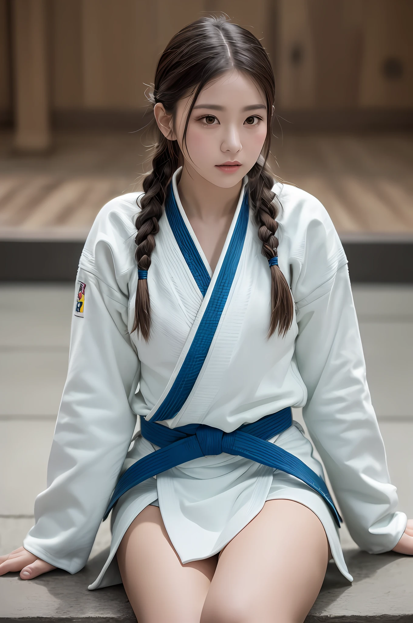 (8k, RAW photos, quality、、、、、、 masterpieces: 1.2), (realistic, photorealistic: 1.37), female judoka, white judogi, cowboy composition, front gaze, braided hair, angle from oblique,