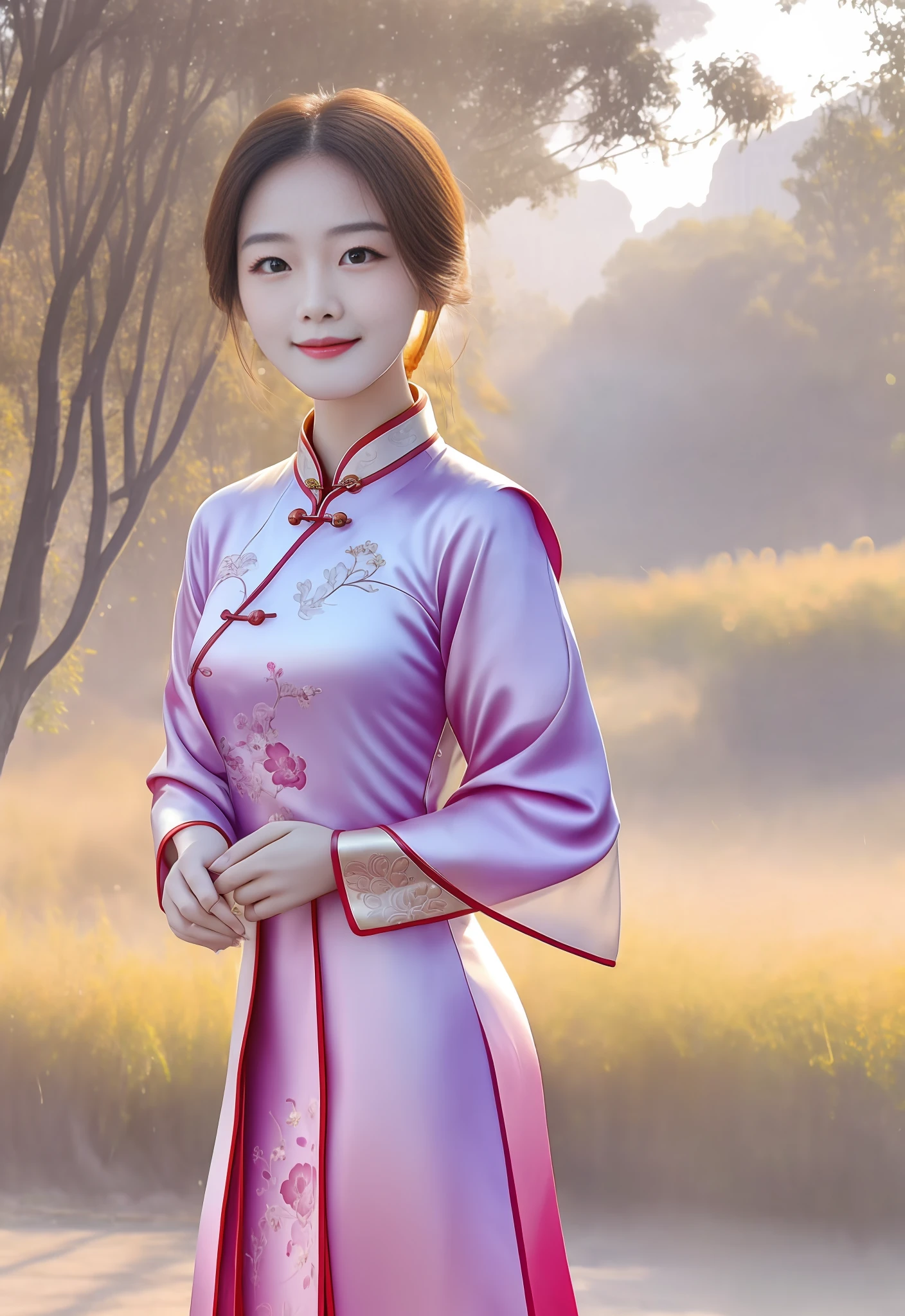 Best image quality, high resolution, photography techniques, antique cheongsam girl, fair skin, yellow skin color, extraordinary temperament, low head smile, beautiful face set off by jewelry, ancient palace scenery as the background, exude mysterious charm, natural sunlight under the color warm and natural, photography effect is real and natural.