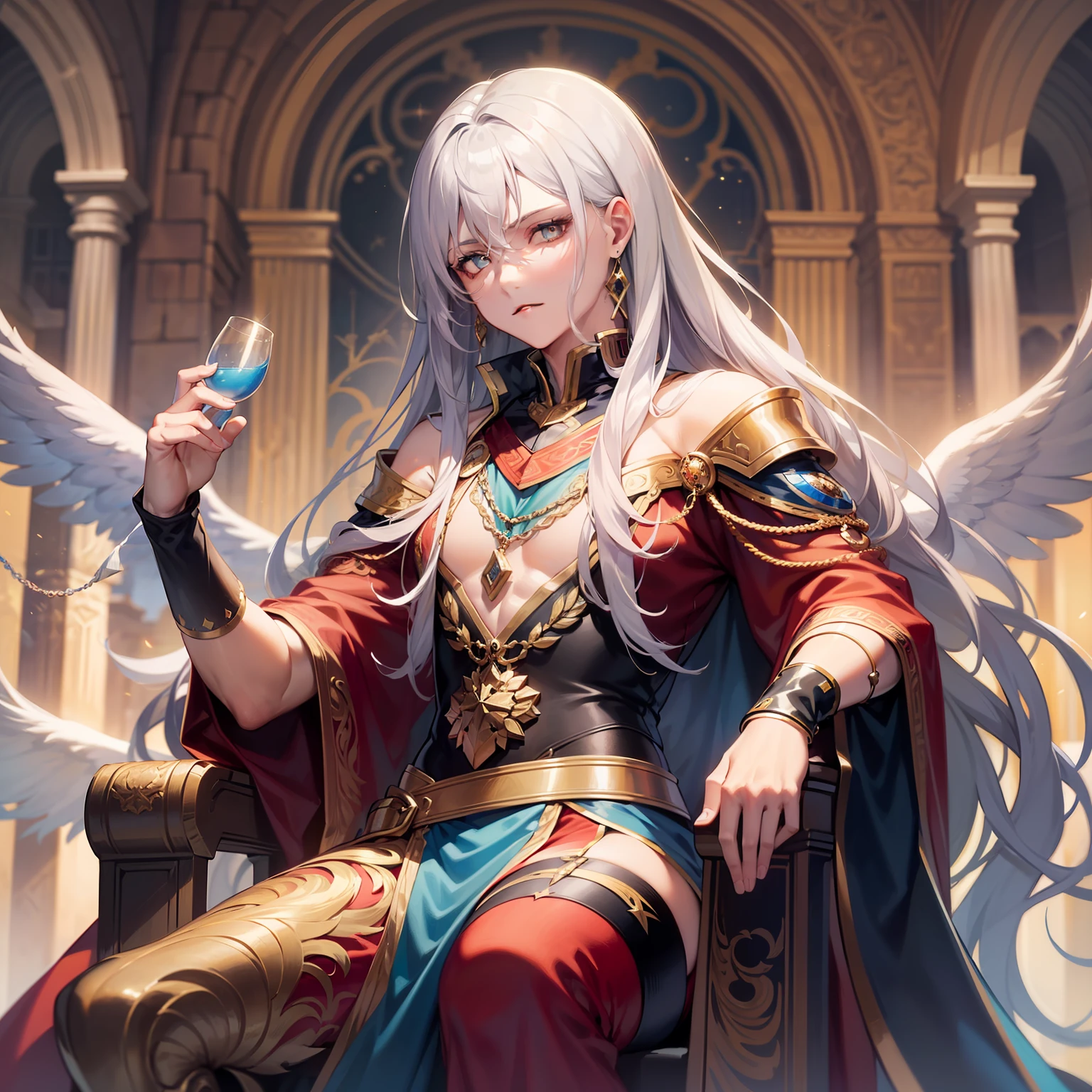 (Masterpiece) 8K resolution, beautiful young man sitting on a throne, emperor, silver hair shining like silk, crimson eyes, neat face, well-formed appearance, earrings with fine work, model style, fantasy style,