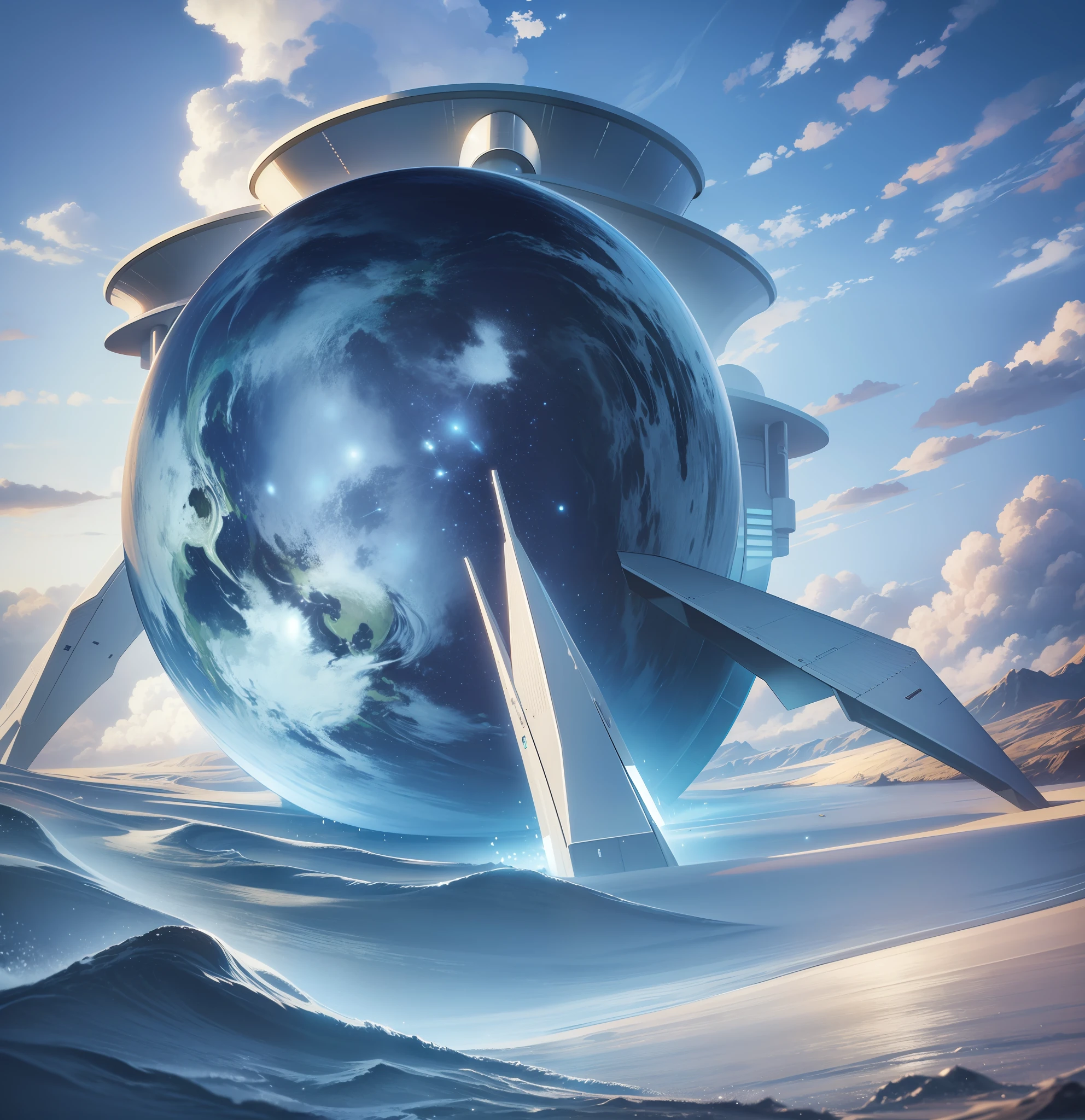 There is a metallic spaceship, high definition, vista, realism, the earth in front of the spaceship