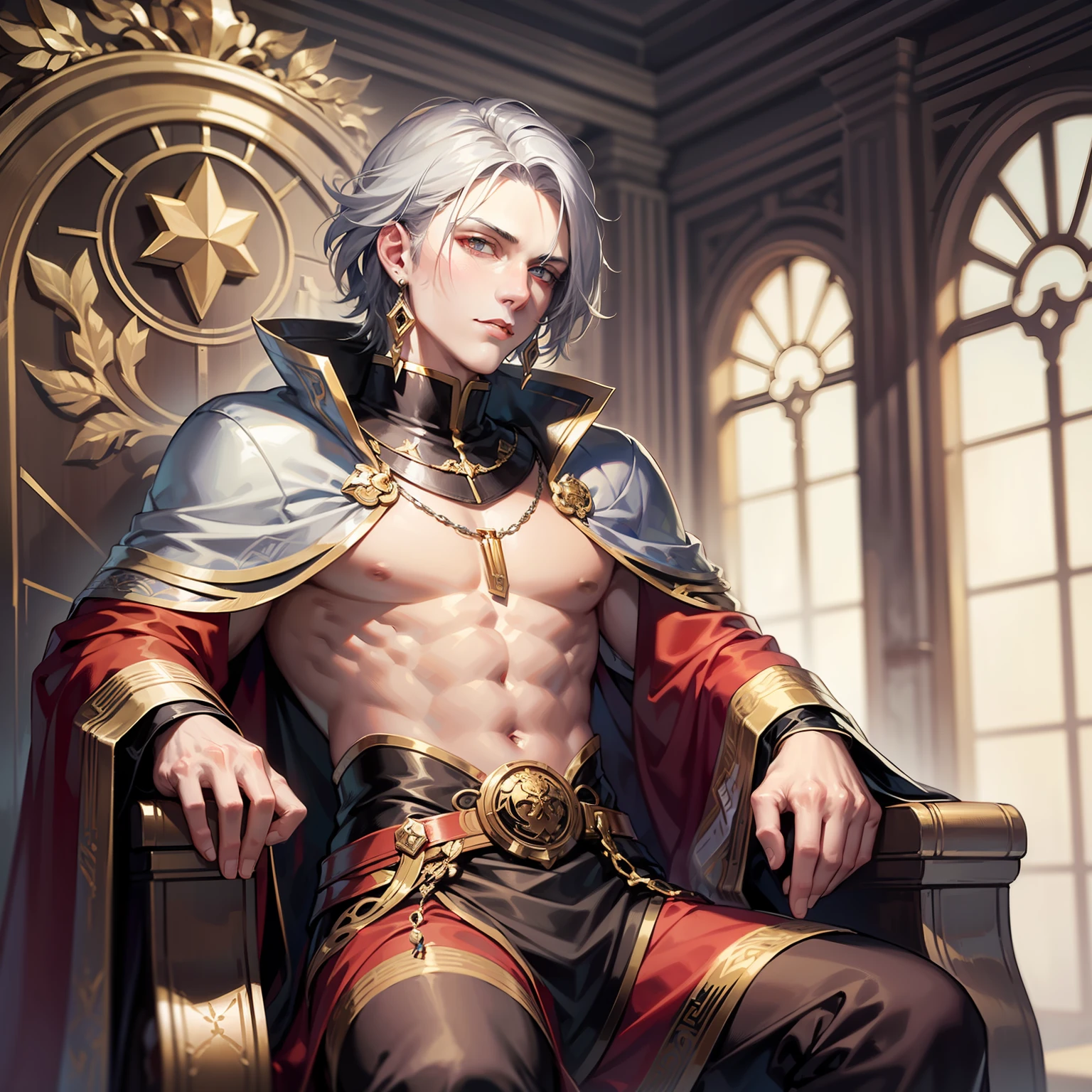 (Masterpiece) 8K resolution, beautiful young man sitting on a throne, emperor, silver hair shining like silk, crimson eyes, neat face, well-formed appearance, earrings with fine work, model style, fantasy style,