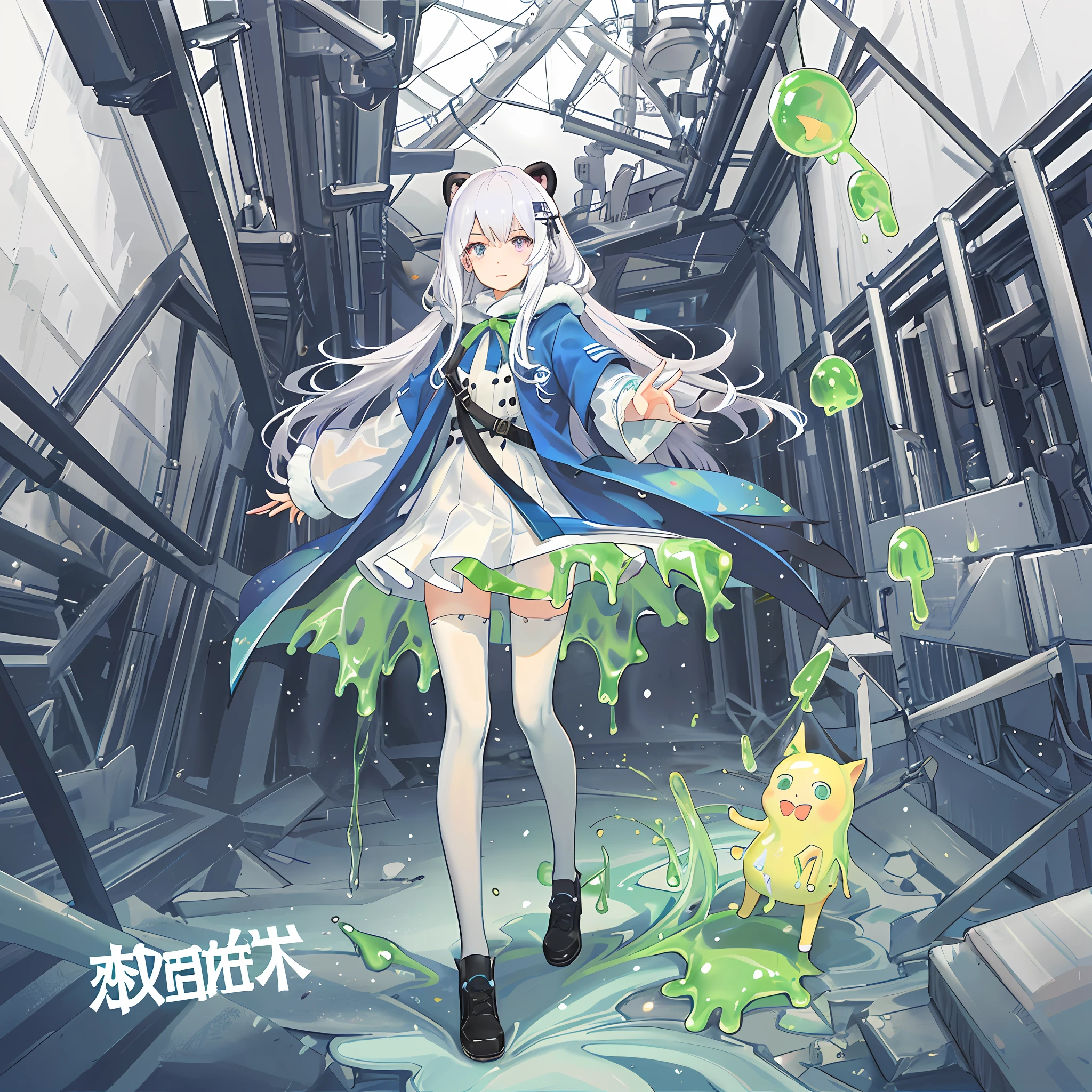 (sticky mellow slime musume:1.5), (sticky mellow slime musume:1.5), liquid, masterpiece, best quality ,many wet,((solo)), young girl ,(melt girl), cropped torso upper body , colored skin, monster girl, (fringe:1.2), (bangs:1.35) , shiny hair, solo,full body,from below,foot focus,Levitation,rope levitation,arm up,hads over head,bound wrists,chibi,loli,blue winter clothes,cat ear,white hair,pink eye,standing,puffy sleeves,fur-trimmed sleeves,white pantyhose pull,long hair,panda Hooded cloak,